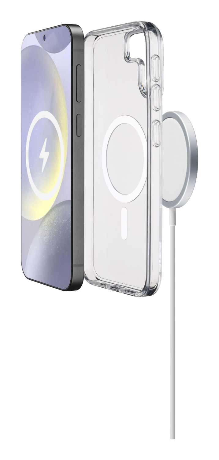 Una funda transparente y un cargador junto a un iPhone, mostrando un rayo de carga.