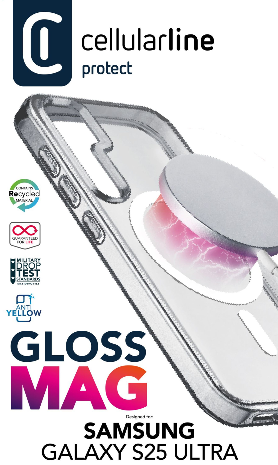 Funda transparente para teléfono con el nombre y logotipo de la marca. La funda está sobre una superficie blanca.