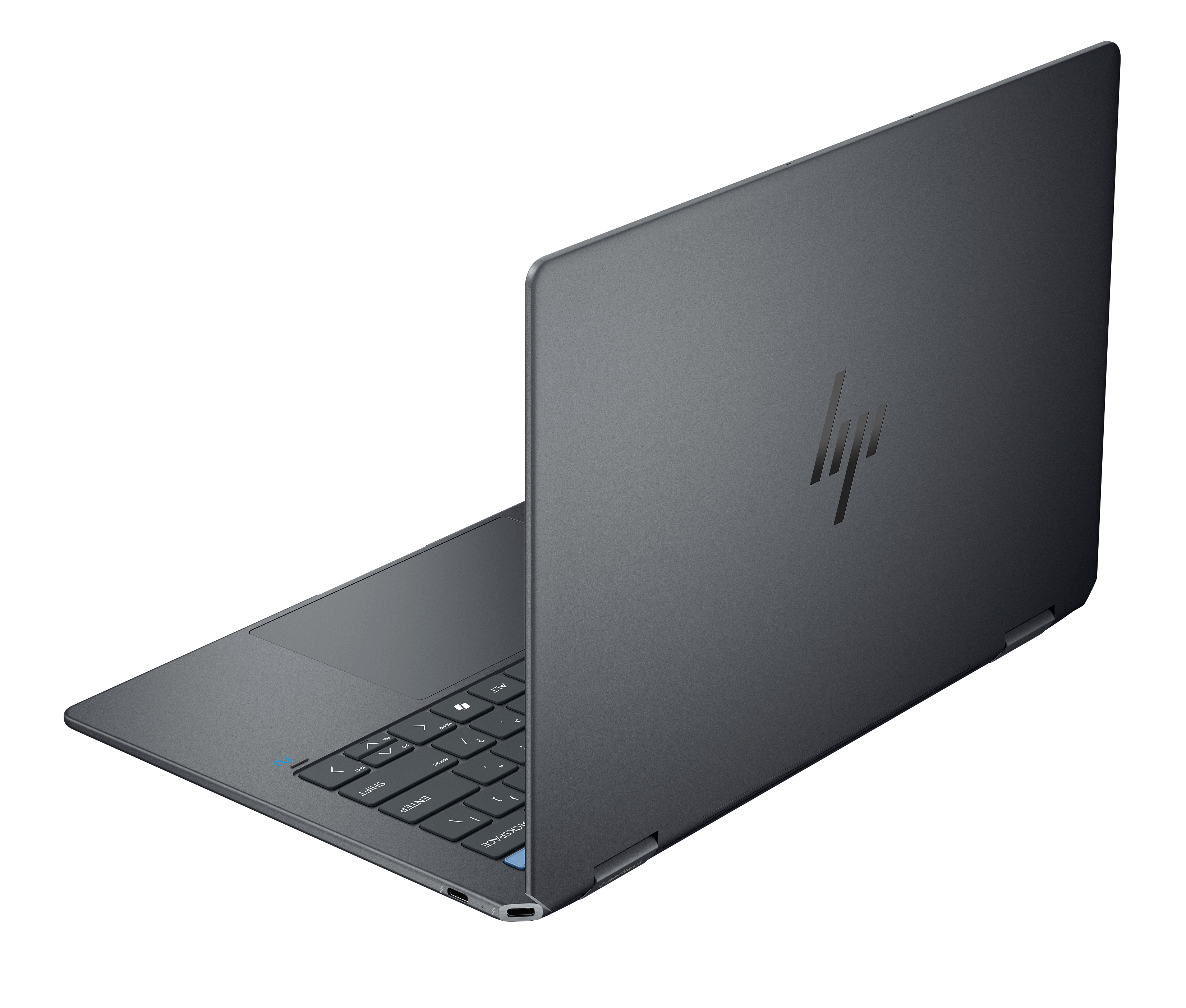 HP logosu olan koyu gri dizüstü bilgisayar. Ekran açık, açılı görünüm.