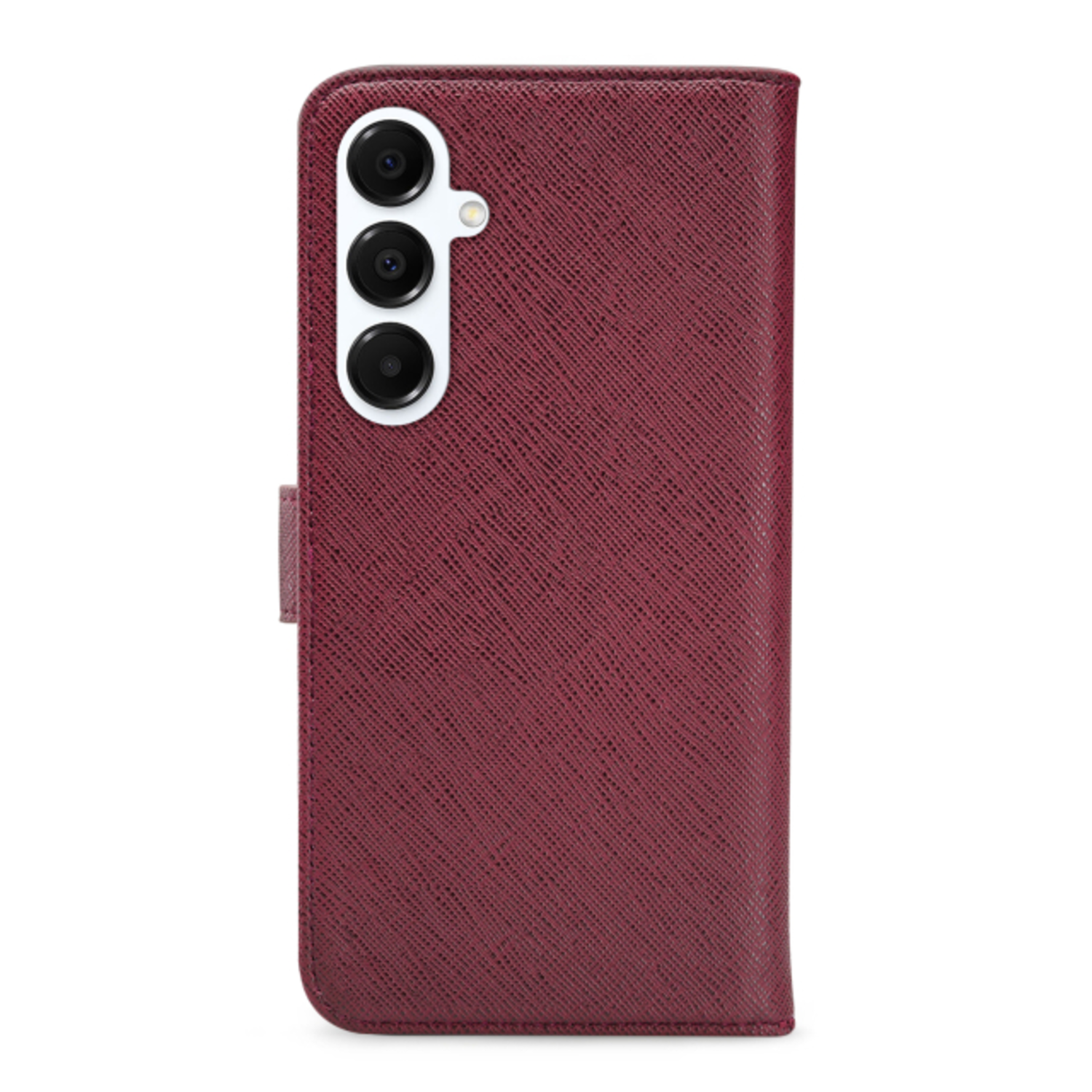 Bordeauxrode telefoonhoes met camera en klepsluiting.
