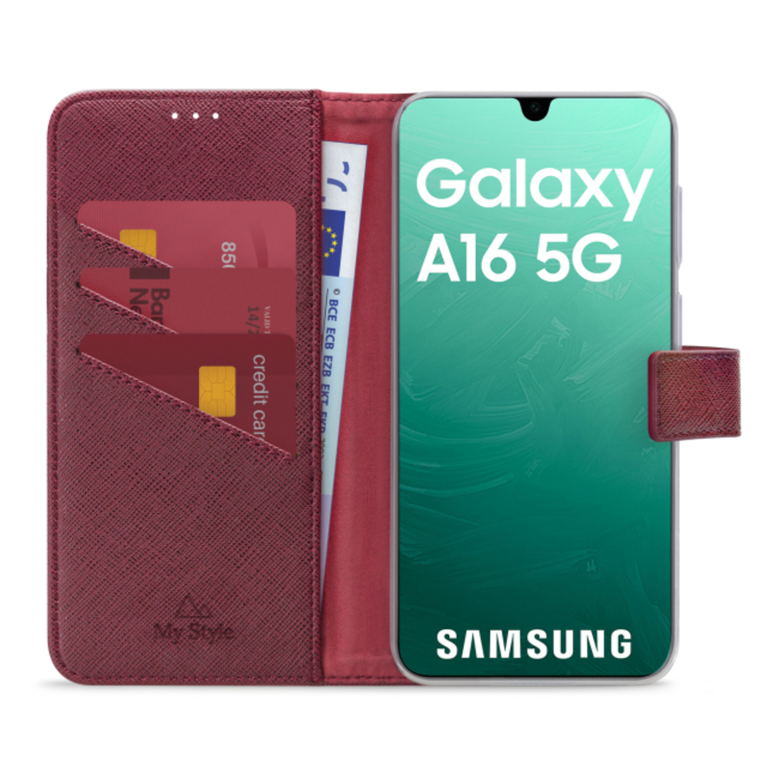 Rode portemonnee-telefoonhoes met een telefoon met Samsung Galaxy A16 5G.