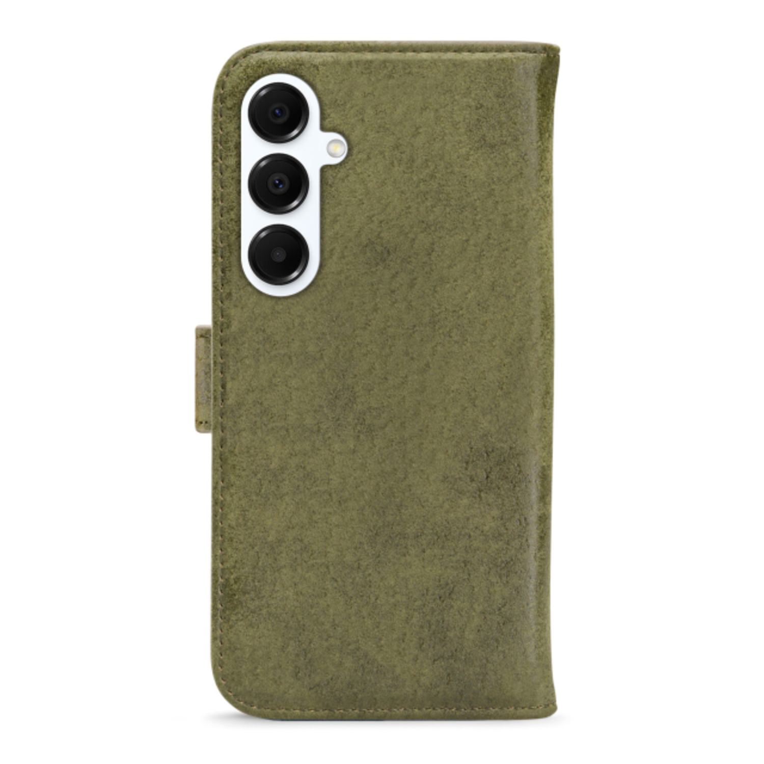 Groene telefoonhoes met drie camera's, centrale flap en logo.