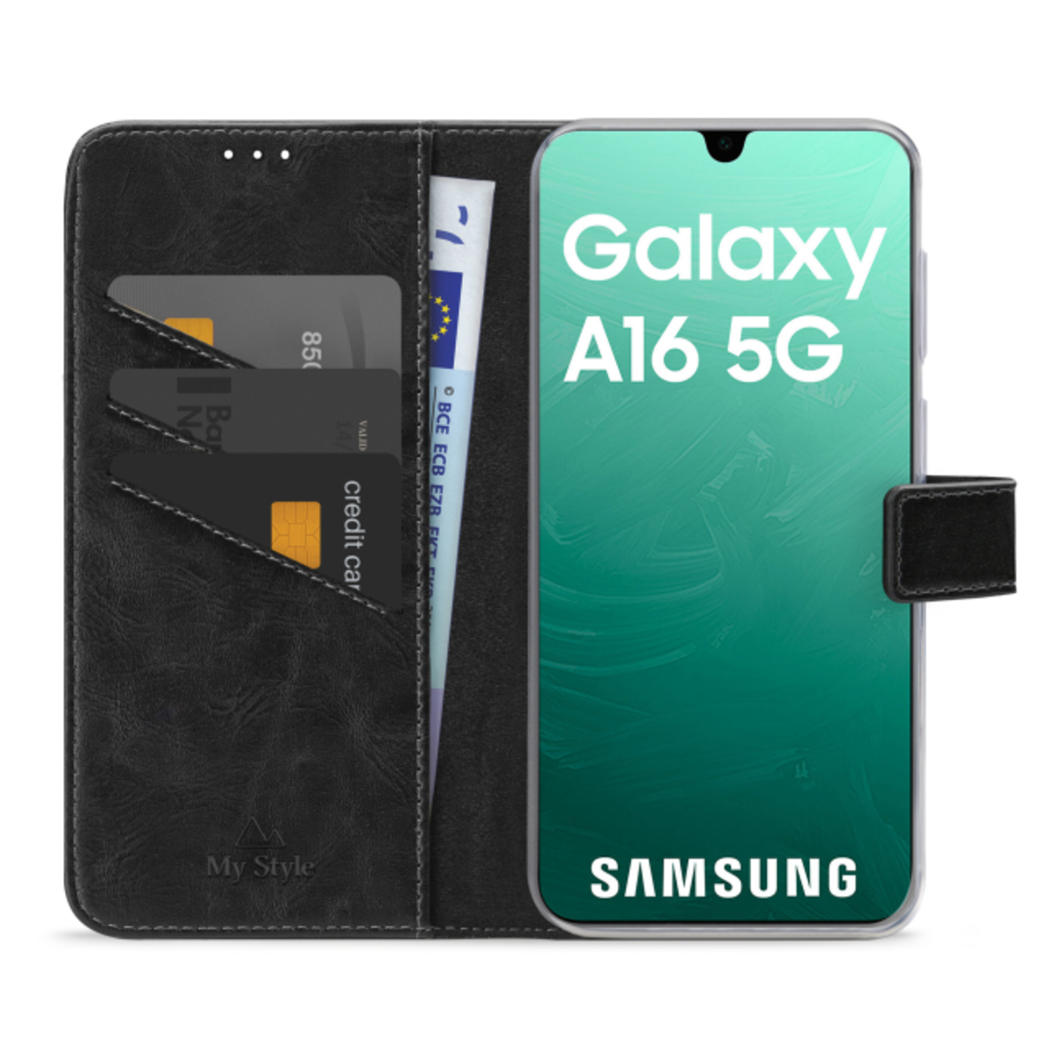 Un téléphone Samsung Galaxy A16 5G dans un étui portefeuille noir avec cartes de crédit et espèces.