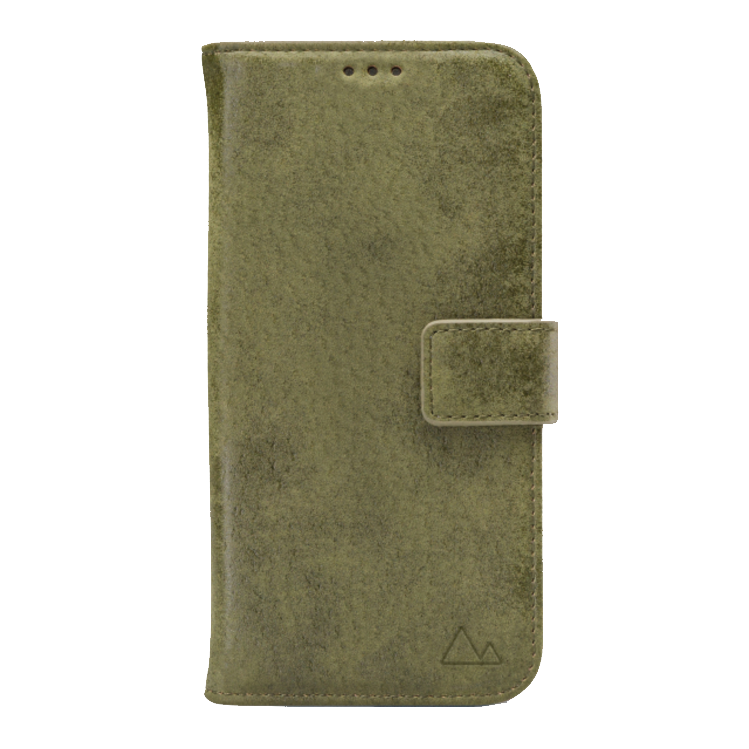Coque de téléphone verte, ouverte, surface texturée, logo visible, gros plan.