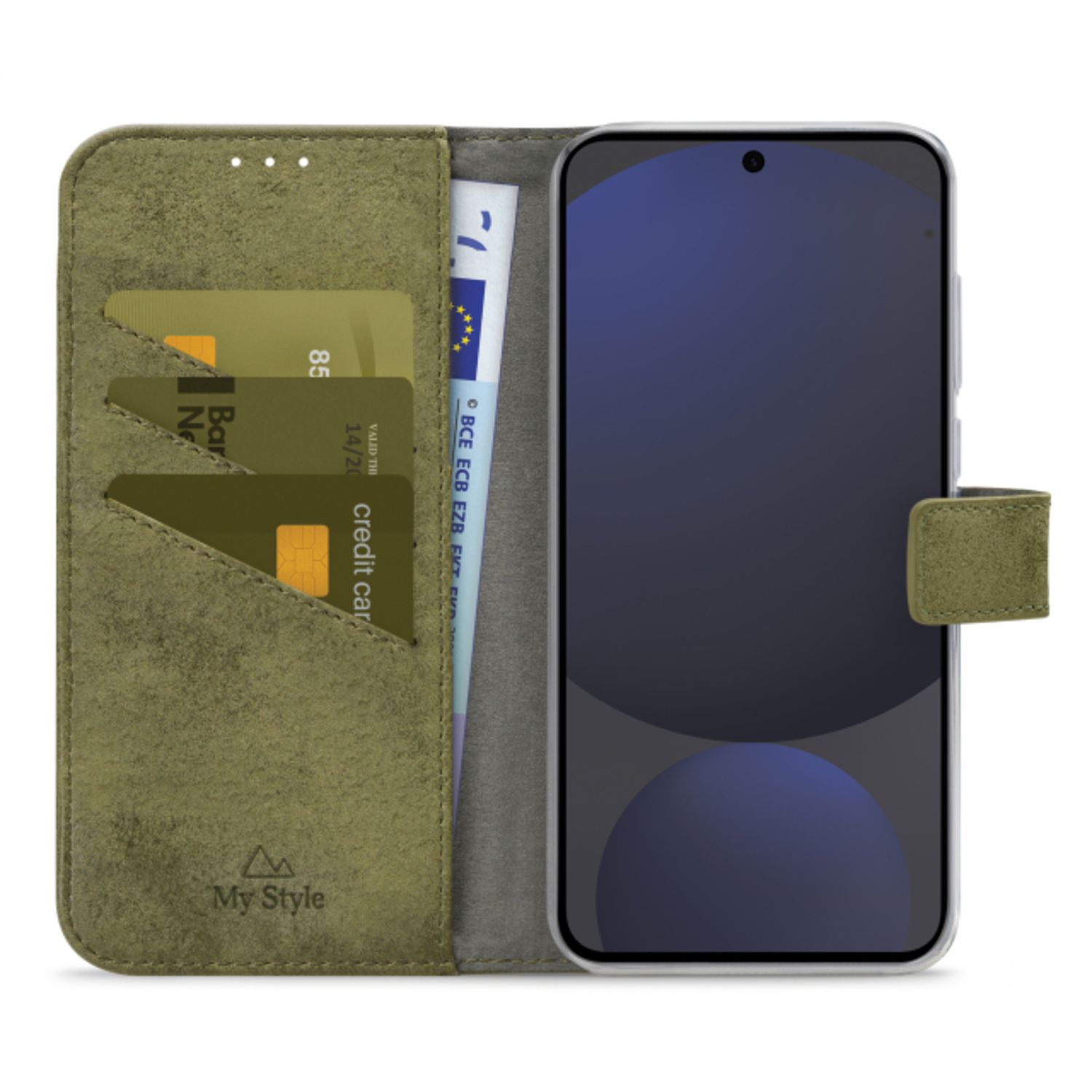 Étui de téléphone vert olive avec cartes et argent.