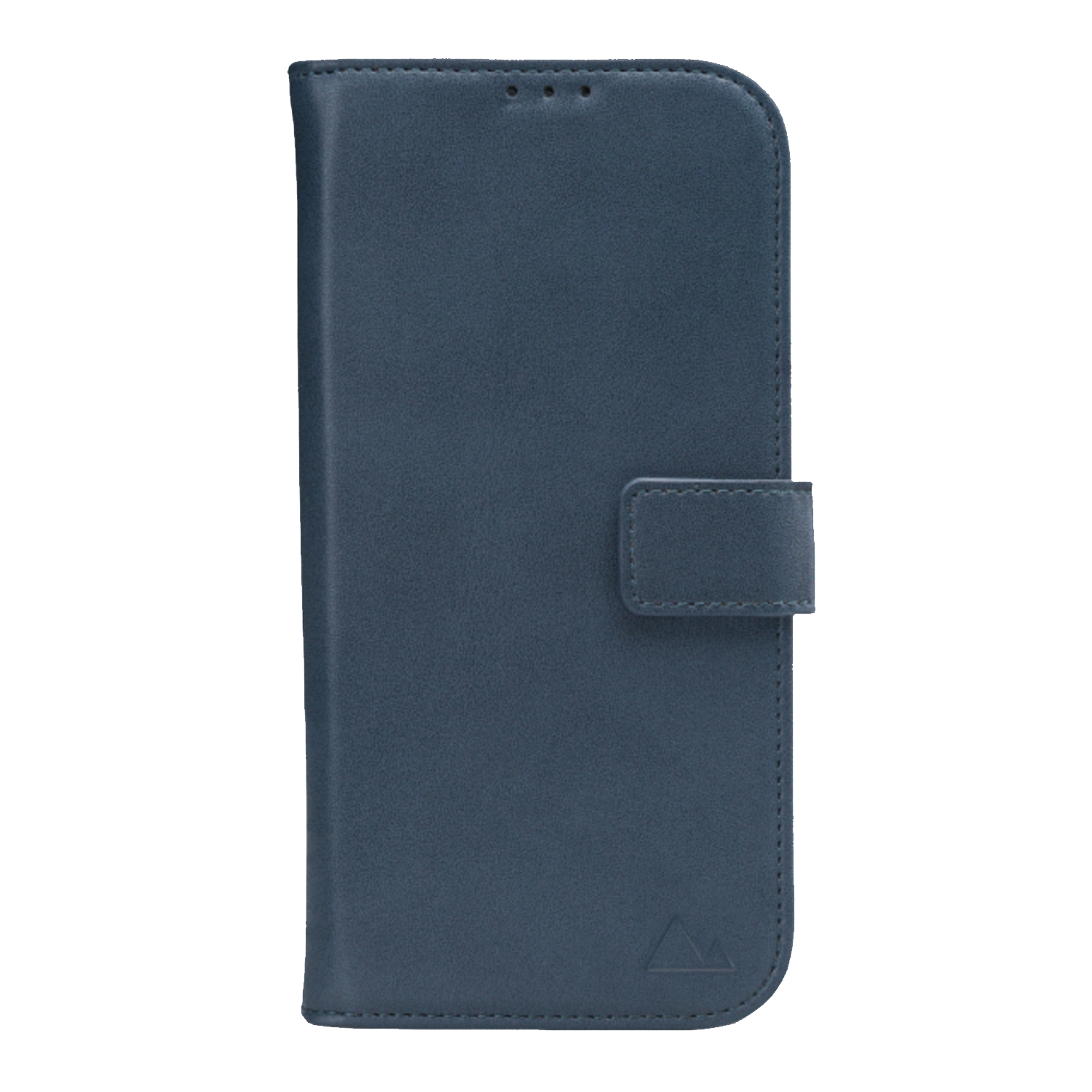 Blauwe leren telefoonhoes met een magnetische sluiting. Heeft een klein logo aan de onderkant.