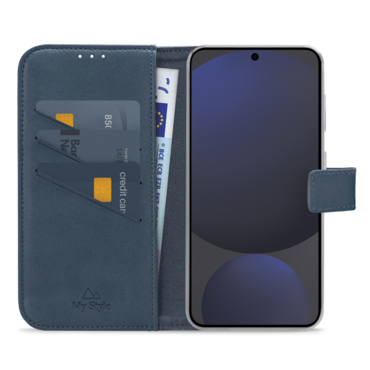 Blauwe telefoonhoes open, met een kaart, creditcard en een biljet.