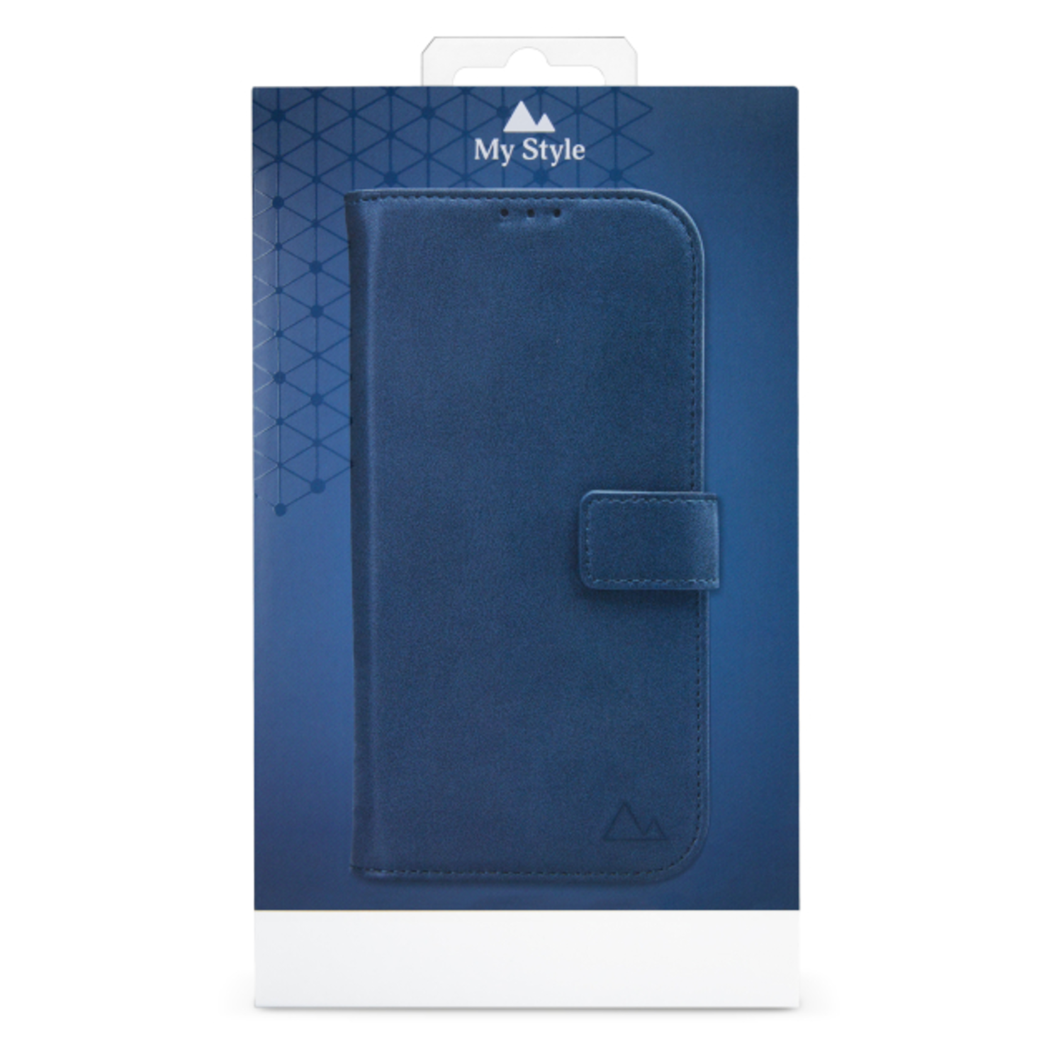 Blauwe telefoonhoes in een witte doos. De doos heeft een doorzichtige bovenkant en een My Style-label.