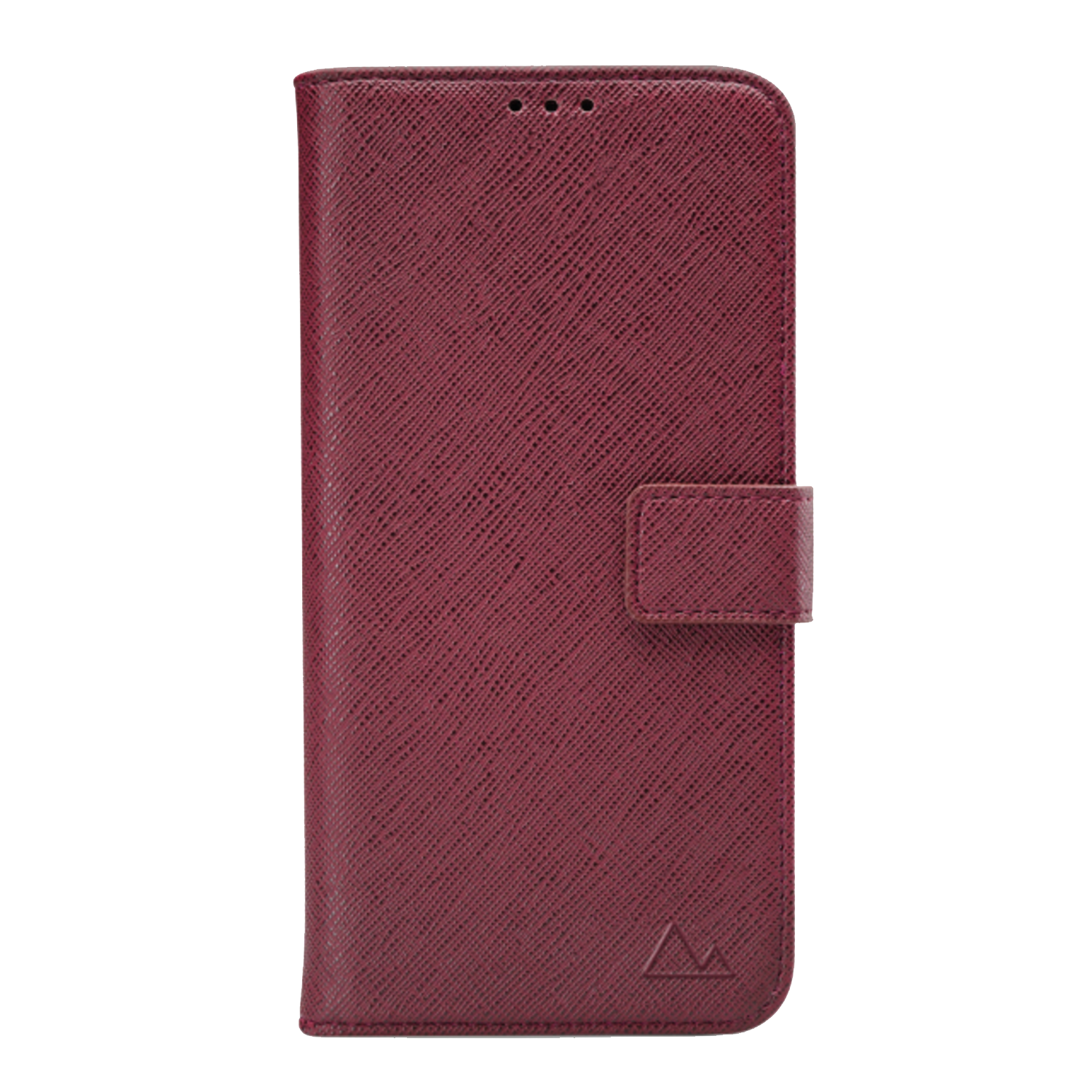 Étui de téléphone bordeaux avec rabat et logo.