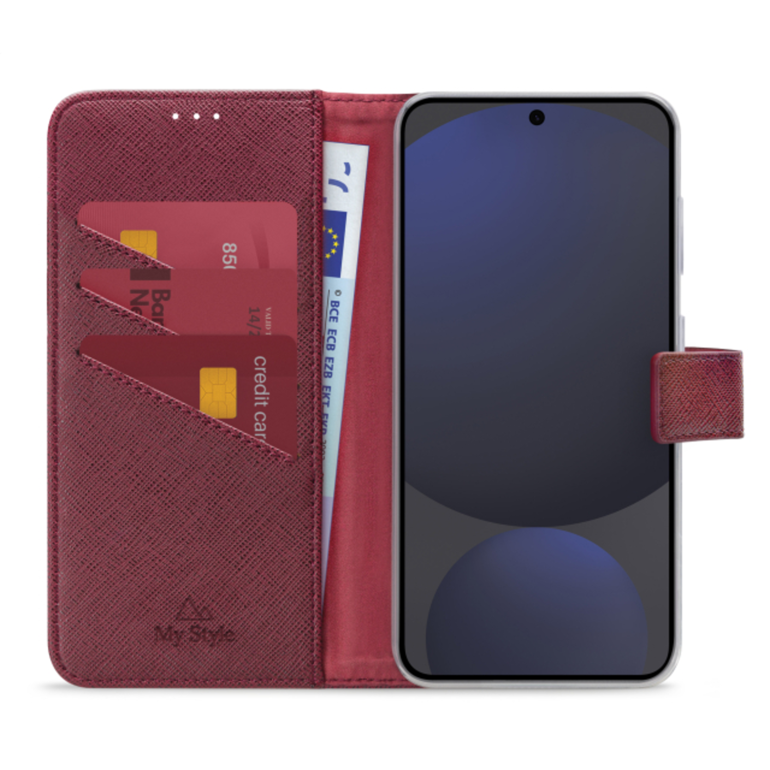 Étui de téléphone bordeaux ouvert avec cartes et argent. L'écran du téléphone est visible.