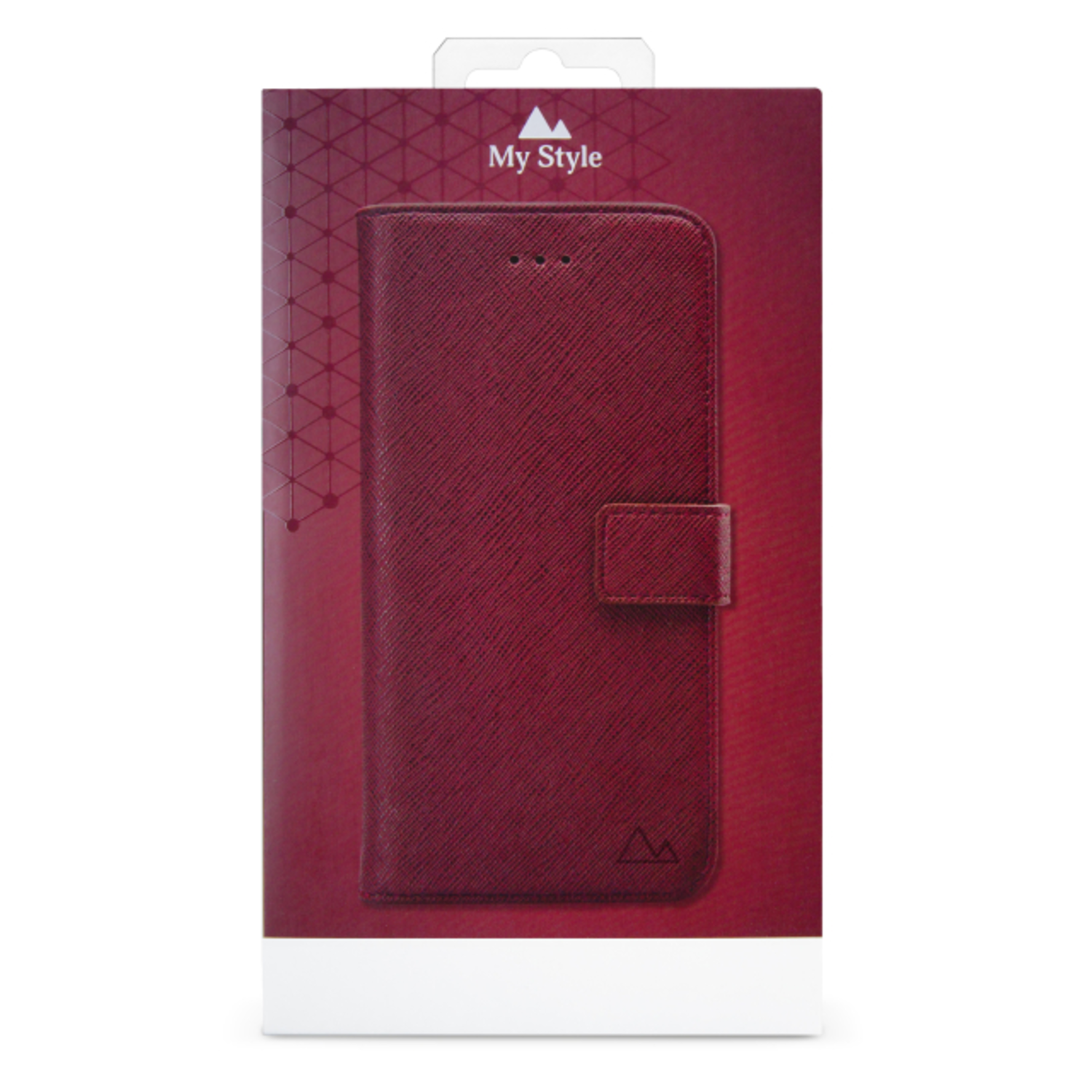 Un étui de téléphone rouge dans une boîte. La marque 'My Style' est visible.