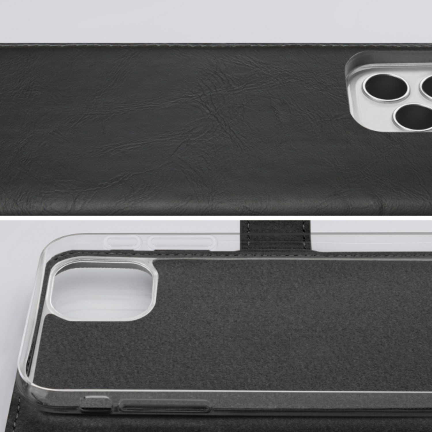 Gros plan d'une coque de téléphone noire, montrant le dos et l'intérieur.