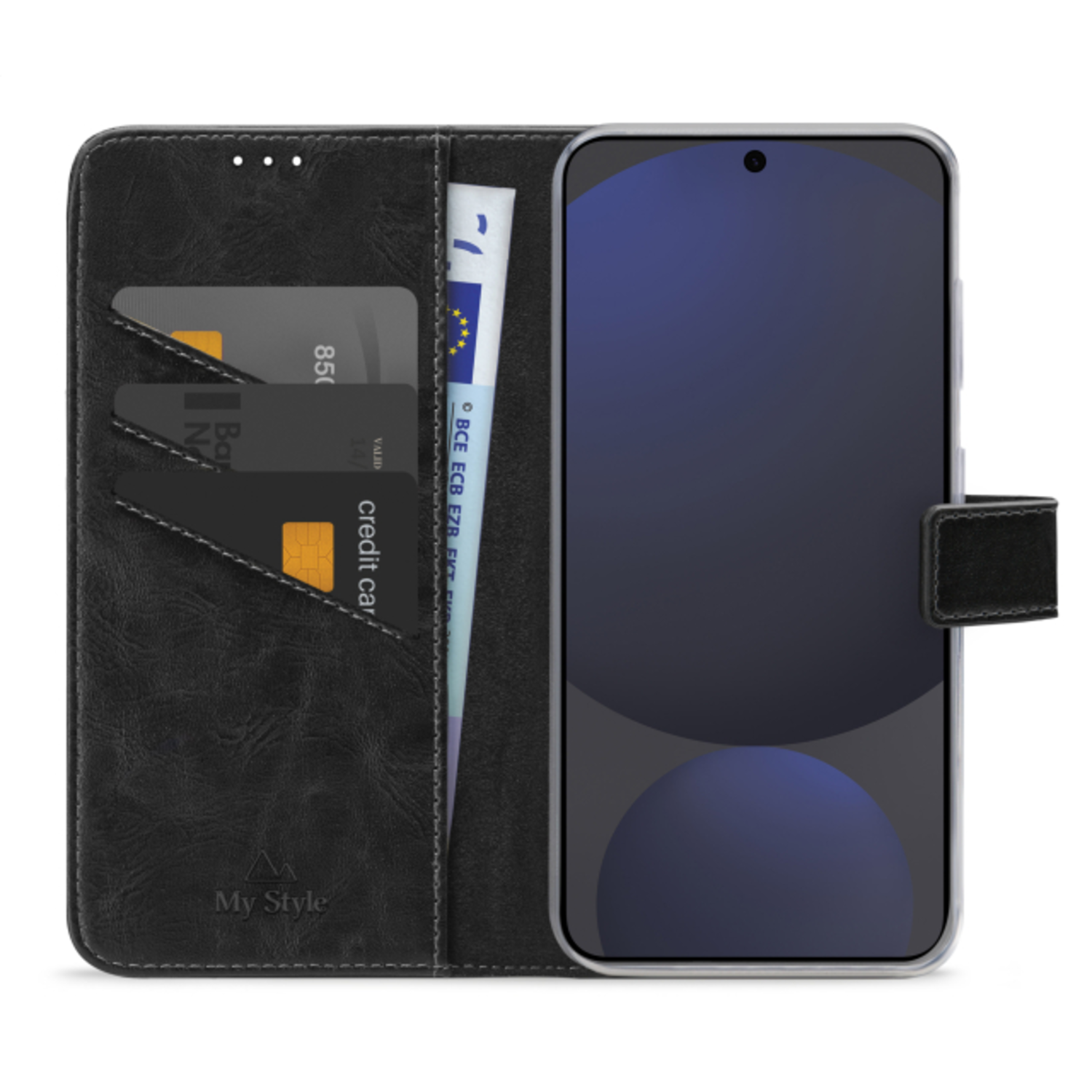 Telefoon in een open zwarte leren portemonnee-hoes. Creditcards en een bankbiljet zijn zichtbaar.