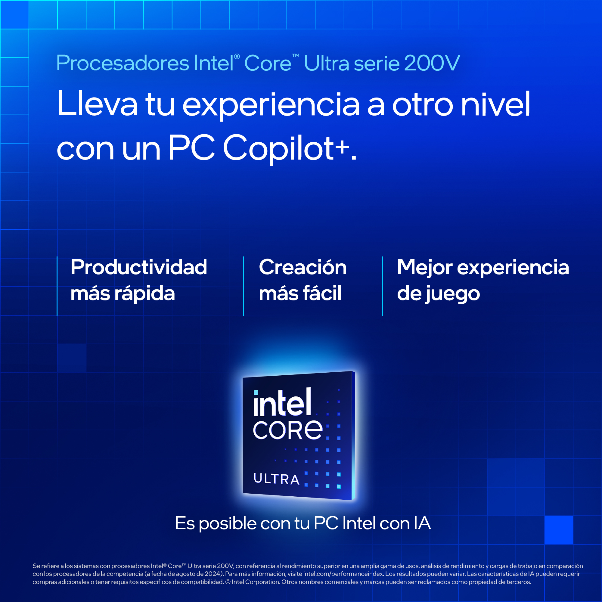 Fondo azul con el logotipo Intel Core Ultra y texto: 'Lleva tu experiencia a otro nivel'.