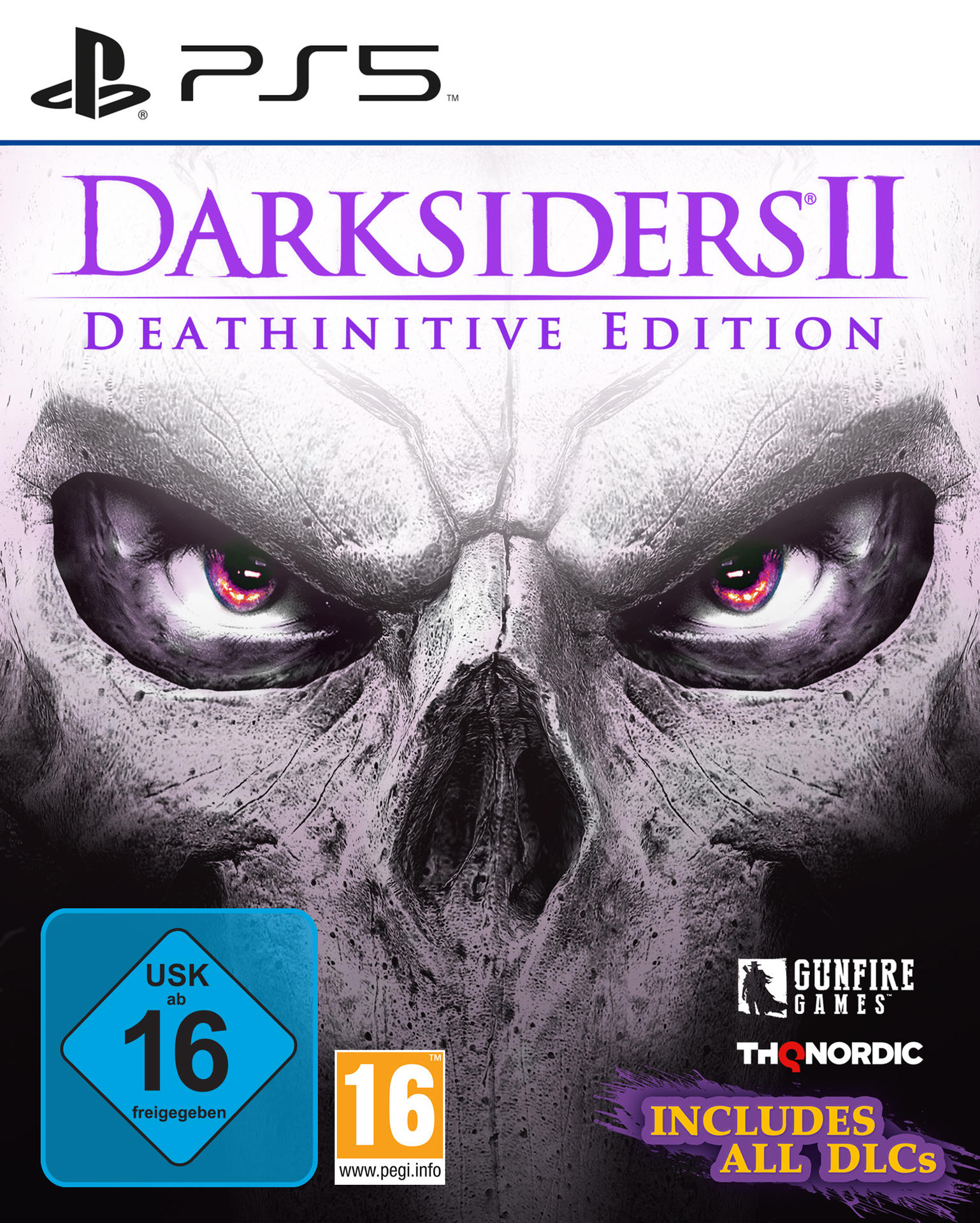 Darksiders II-Spielcover mit Schädelgesicht und Augen, PS5-Logo, weißer Hintergrund.