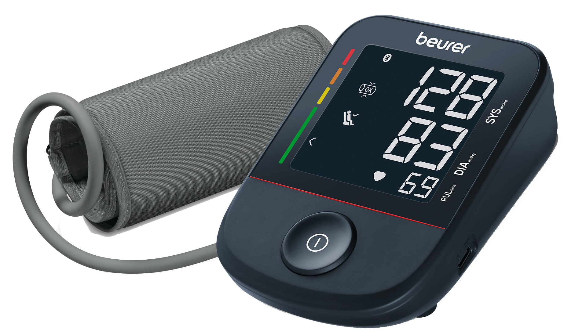 Ein Blutdruckmessgerät mit Manschette. Der Bildschirm zeigt die Werte: 128/83, 69.