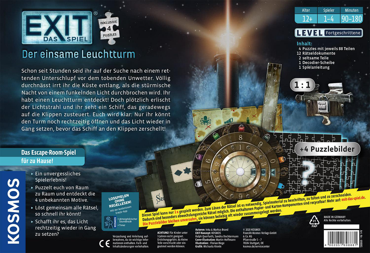 Die Rückseite der 'EXIT: Das Spiel'-Box mit einem Leuchtturm und Rätseln.