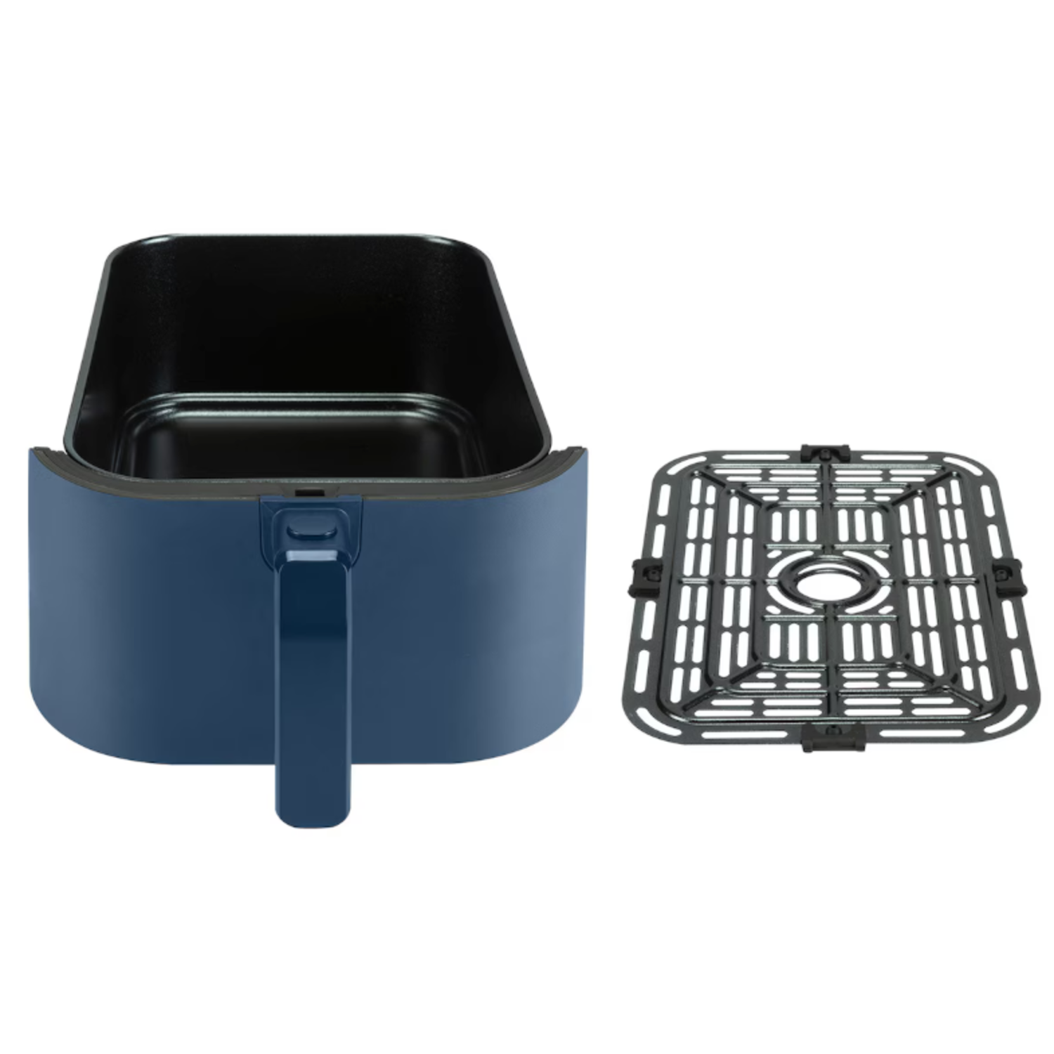 Blauwe airfryer zonder mand, toont het interieur en een zwart rooster.