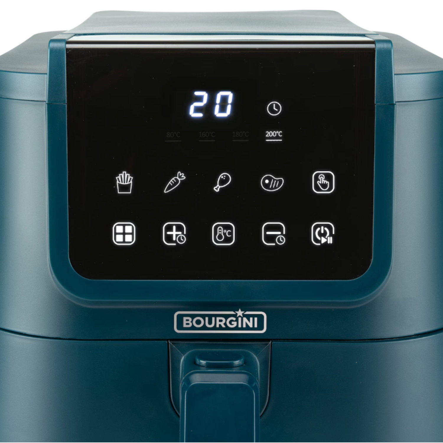 Close-up van een blauwgroene airfryer, display toont 20 graden.
