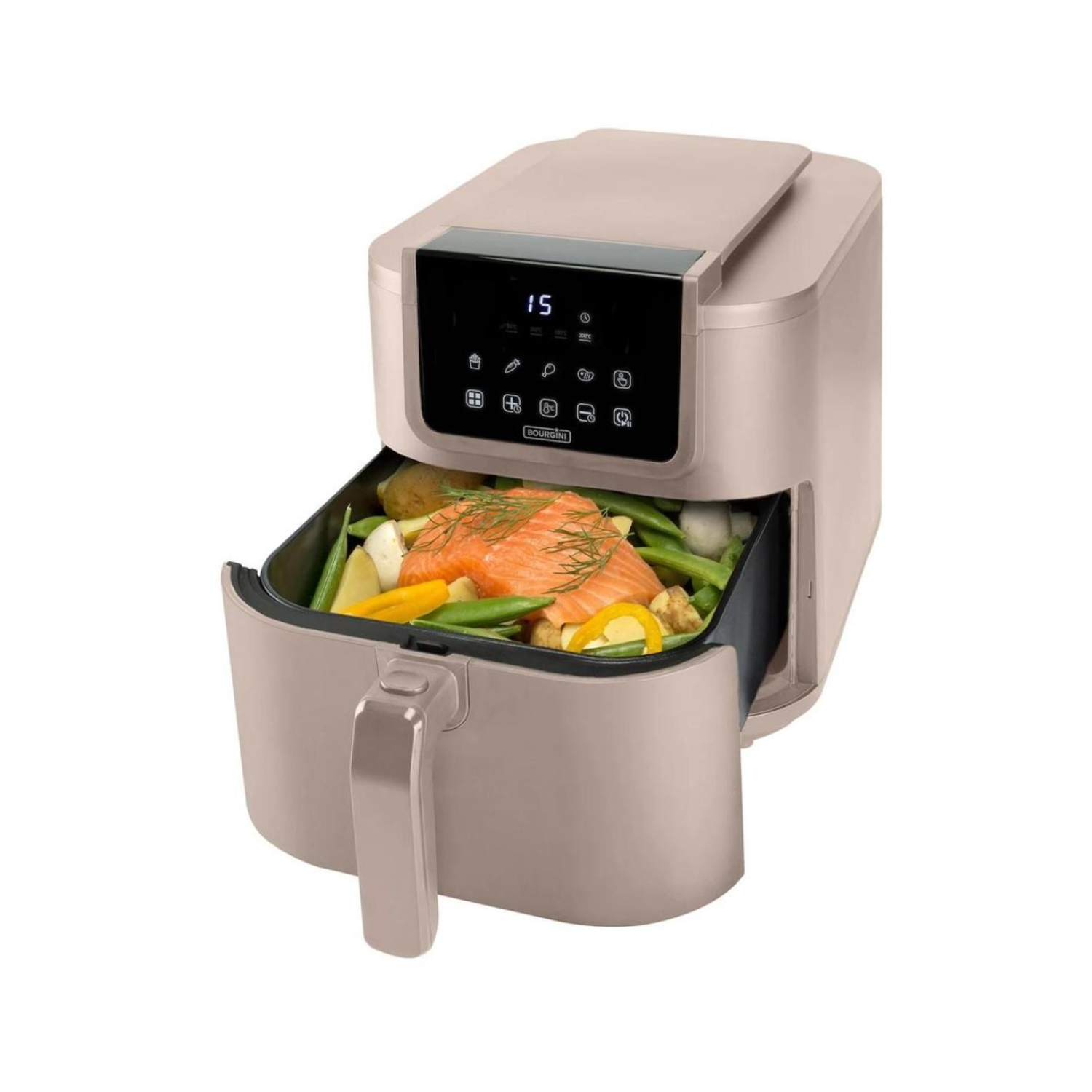 Een heteluchtfriteuse met een lade vol voedsel en een digitaal display.
