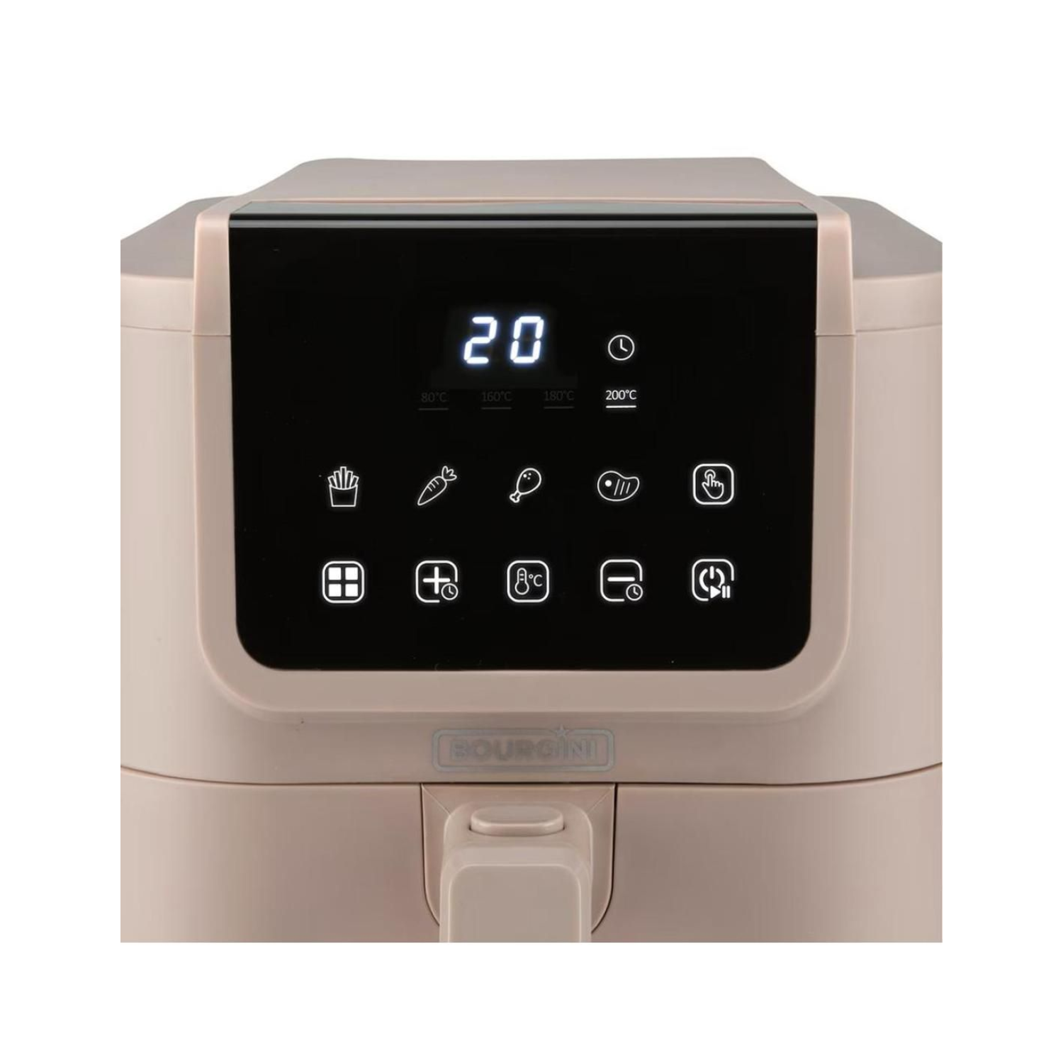 Display van de airfryer met het nummer 20, temperatuur en kookopties.