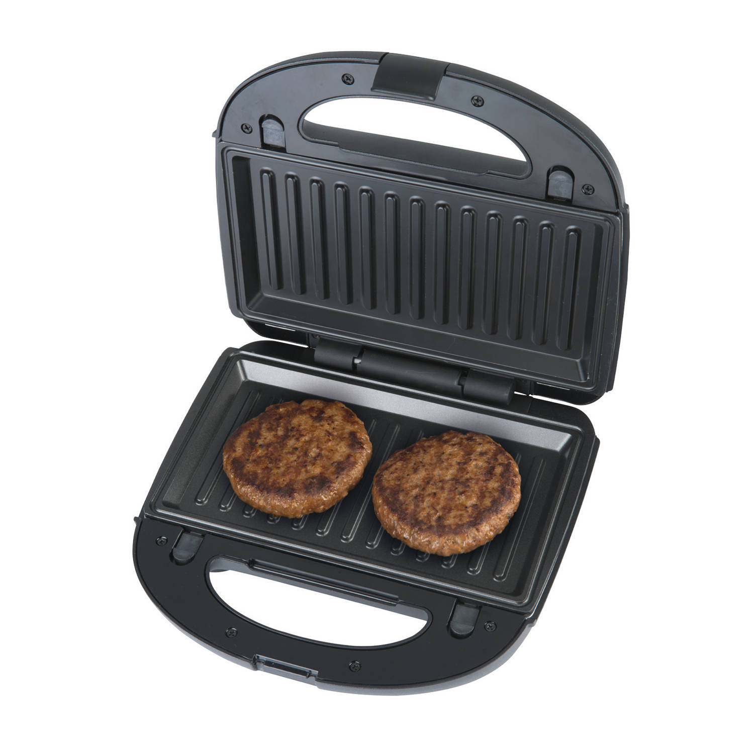 Sandwichmaker met twee hamburgers erin. Zwart, bovenaanzicht.