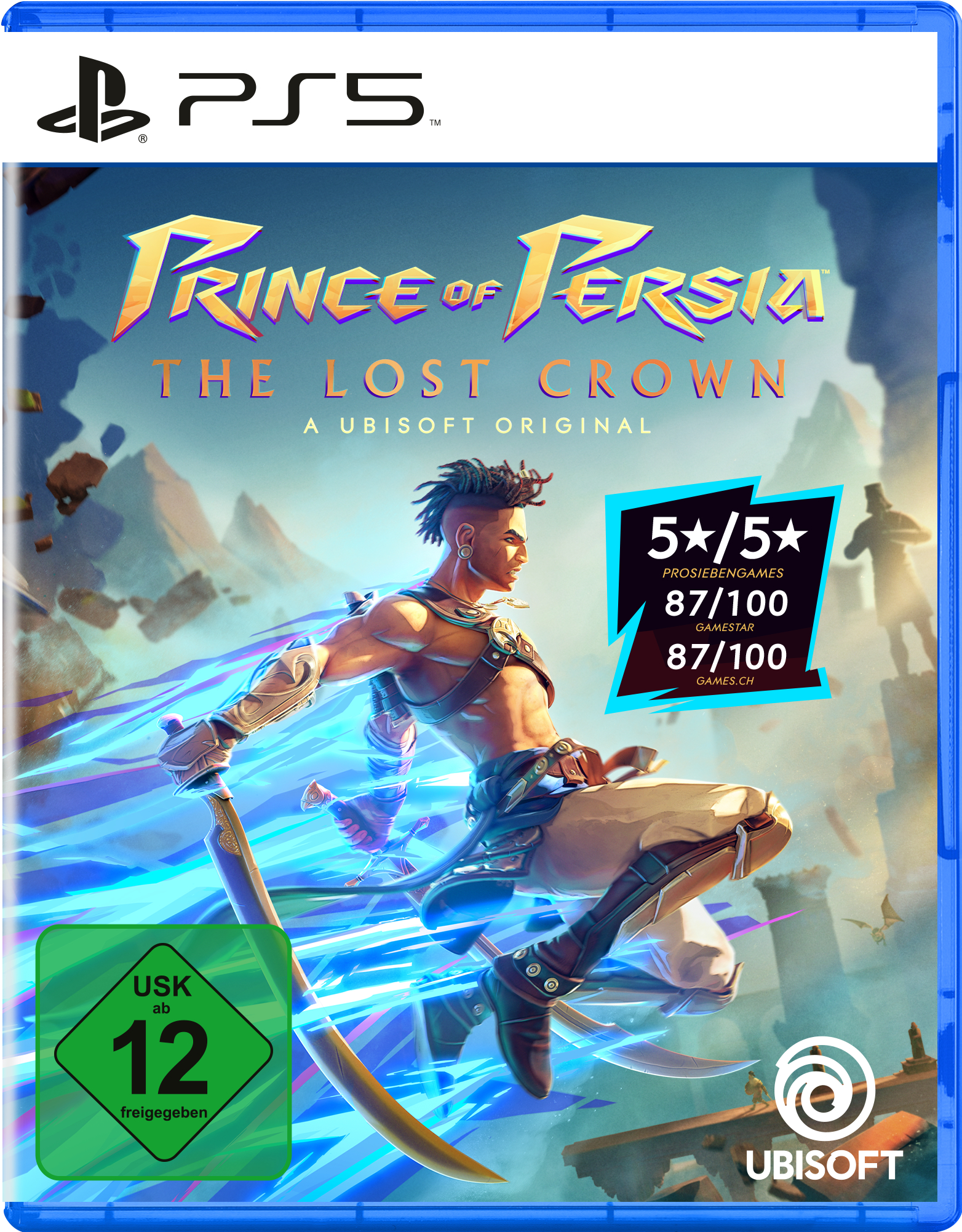 PlayStation 5 Spielbox. Das Spiel ist Prince of Persia: The Lost Crown. Ein Mann mit Schwert ist abgebildet.