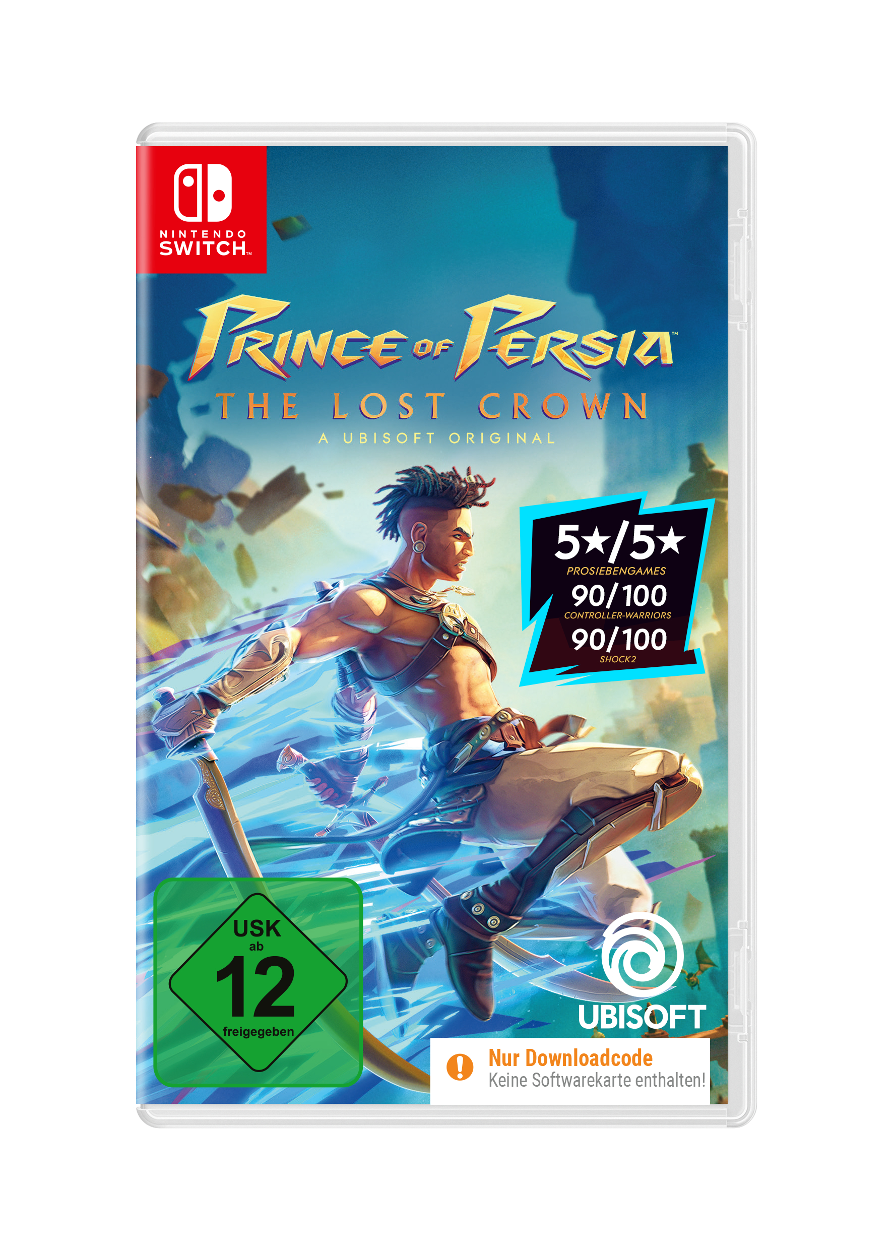 Videospiel-Cover. Ein Mann vor blauem Hintergrund, mit großem Text und Bewertungssternen.