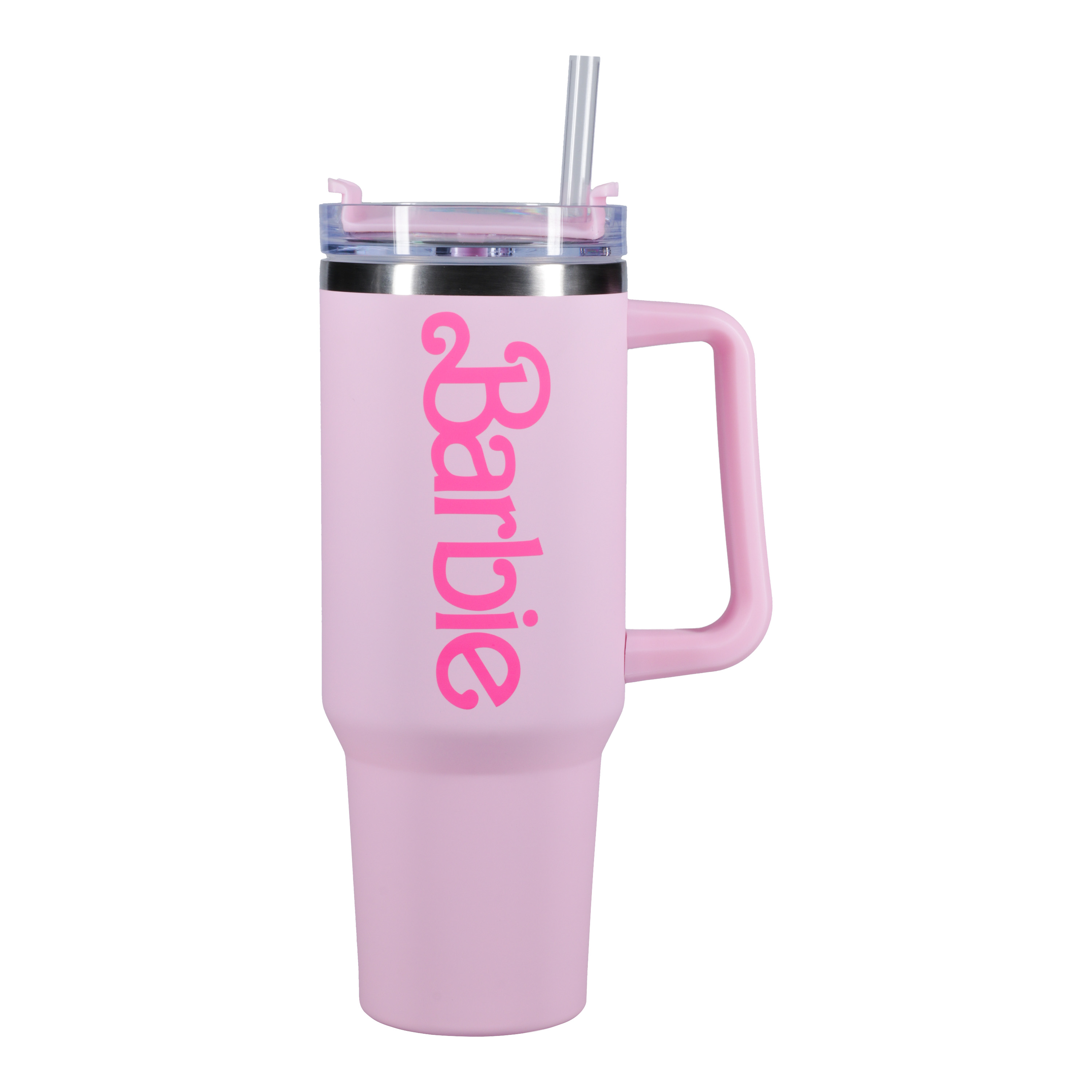 Ein rosa Becher mit dem Wort 'Barbie' in Rosa.