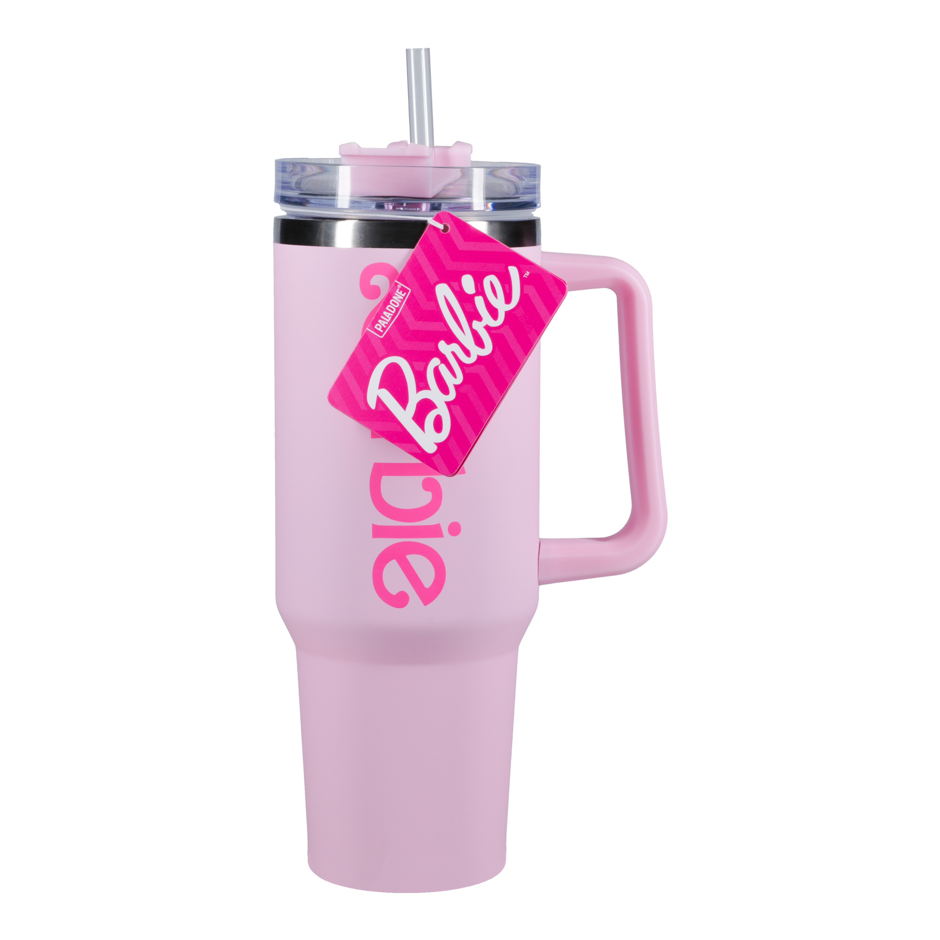 Rosa Barbie-Becher mit Griff und pinkfarbenem Etikett.