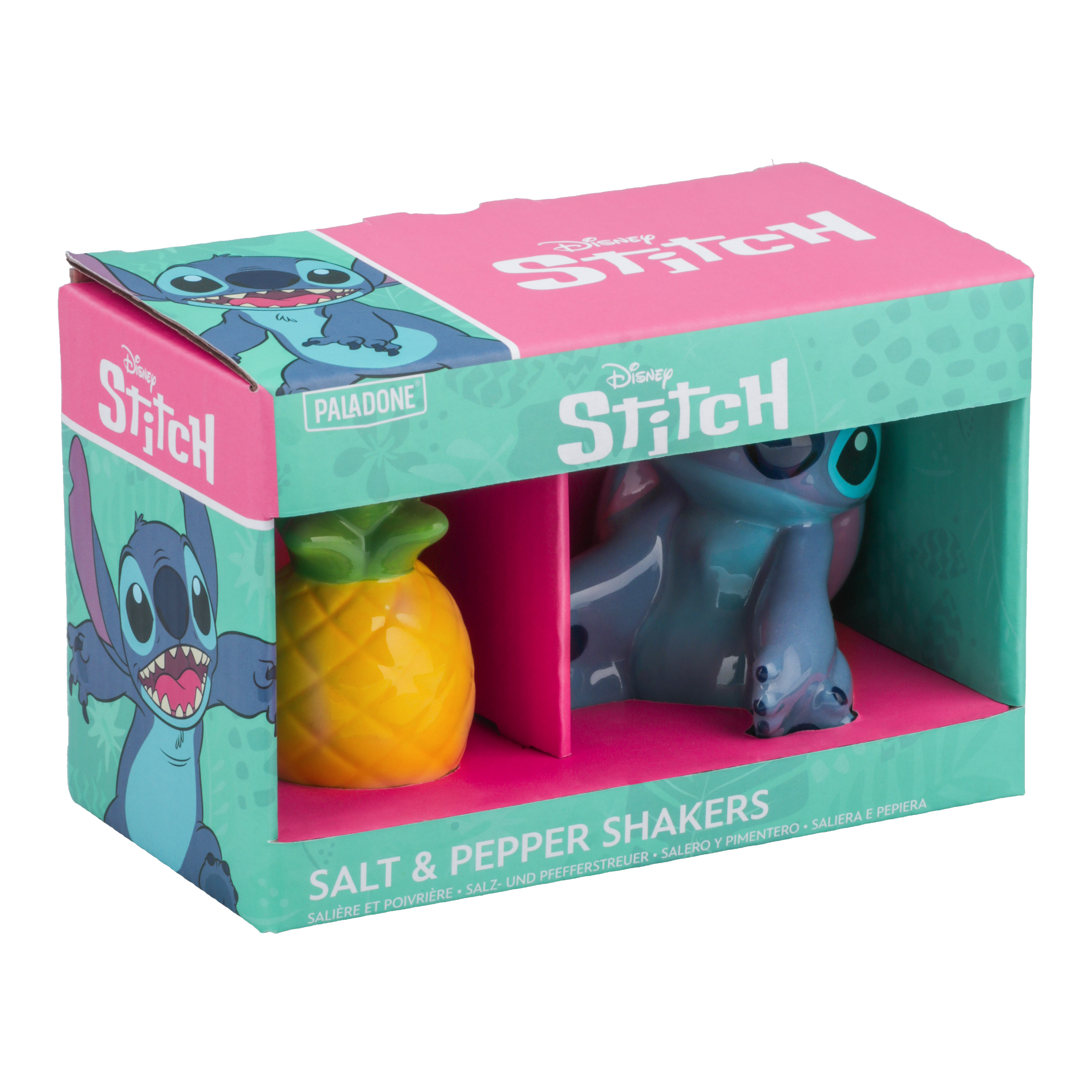 Ein Salz- und Pfefferstreuer-Set mit Stitch und einer Ananas. Bunte Box.
