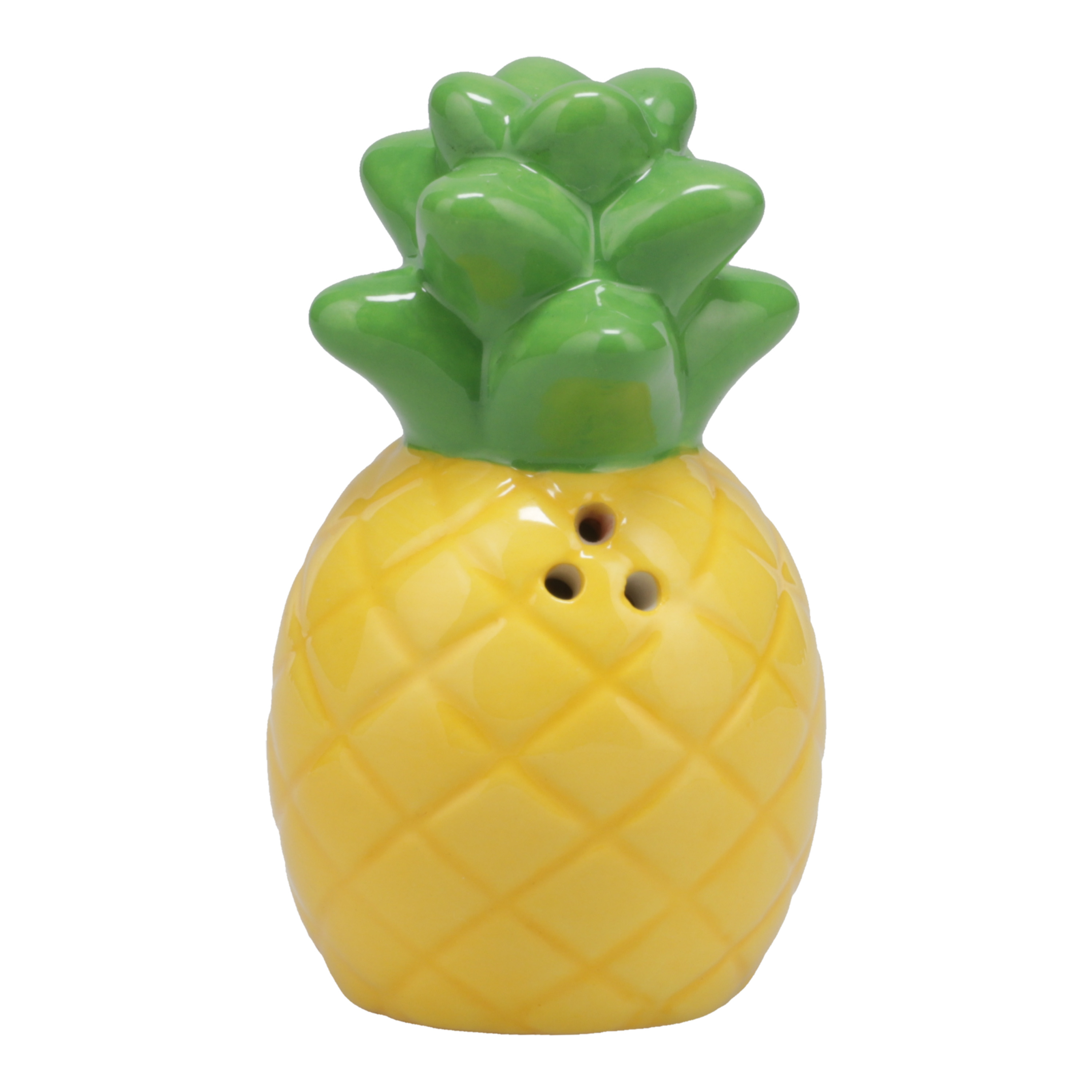 Gelb-grüner Ananas-Salzstreuer, weißer Hintergrund.