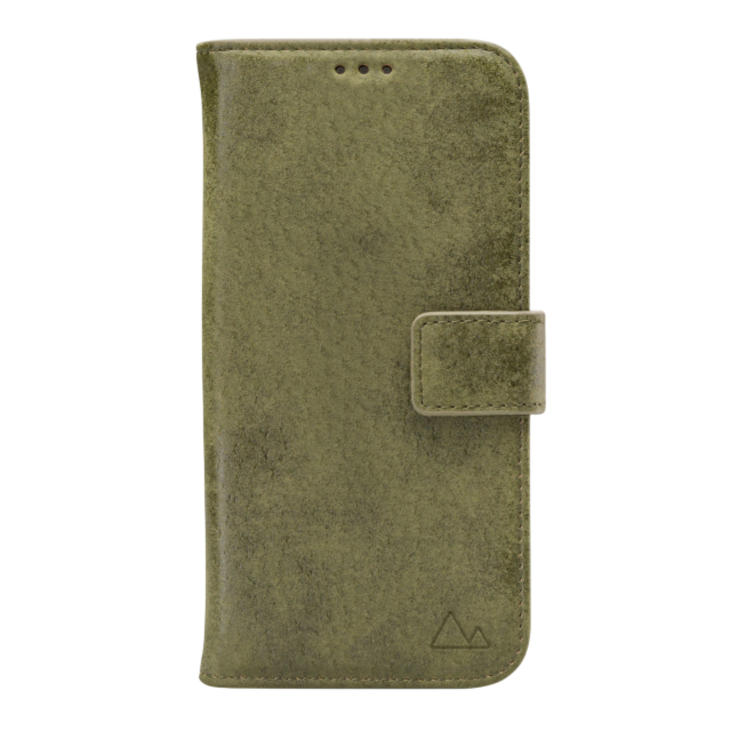 Étui de téléphone en cuir vert avec fermeture magnétique et logo montagne.