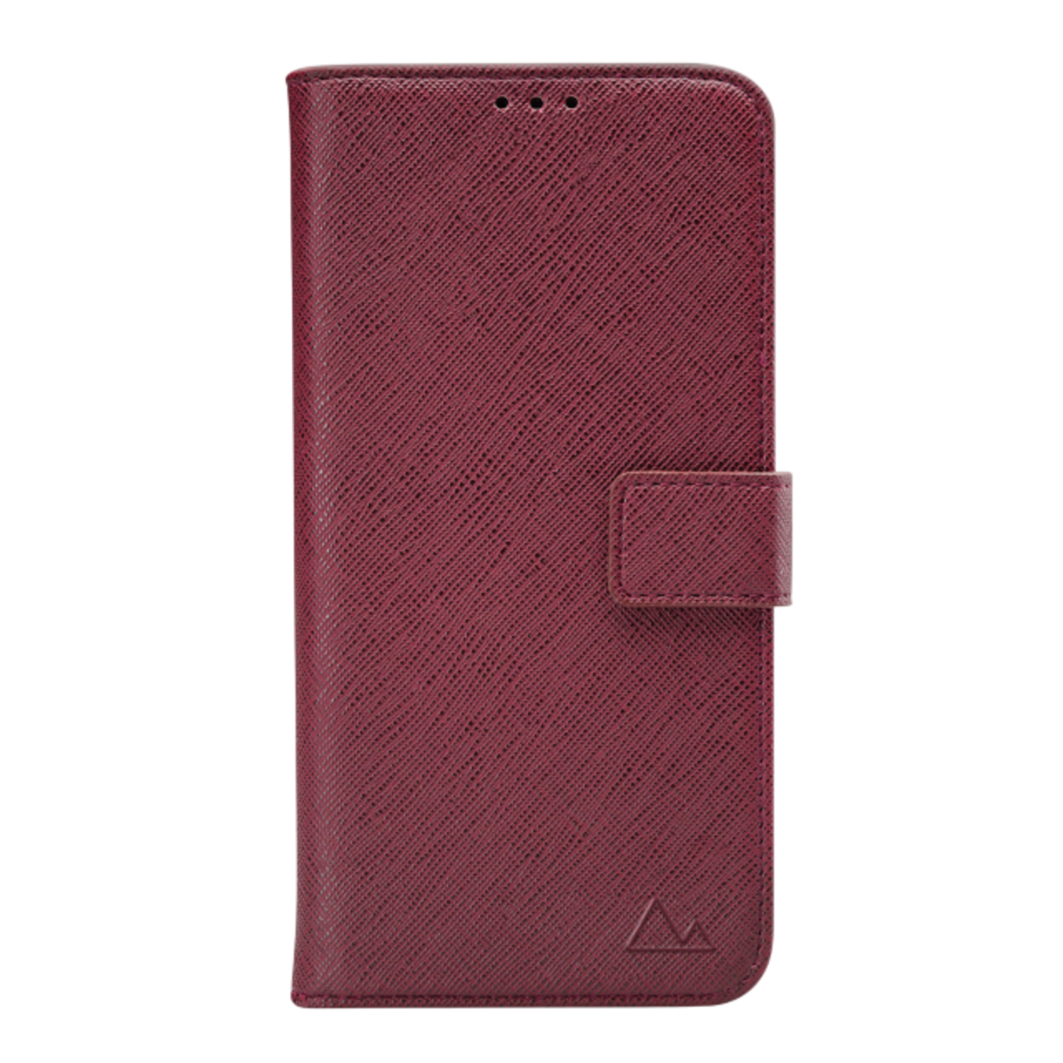 Een bordeauxrode telefoonhoes met een getextureerd oppervlak en een flapsluiting met een klein logo.