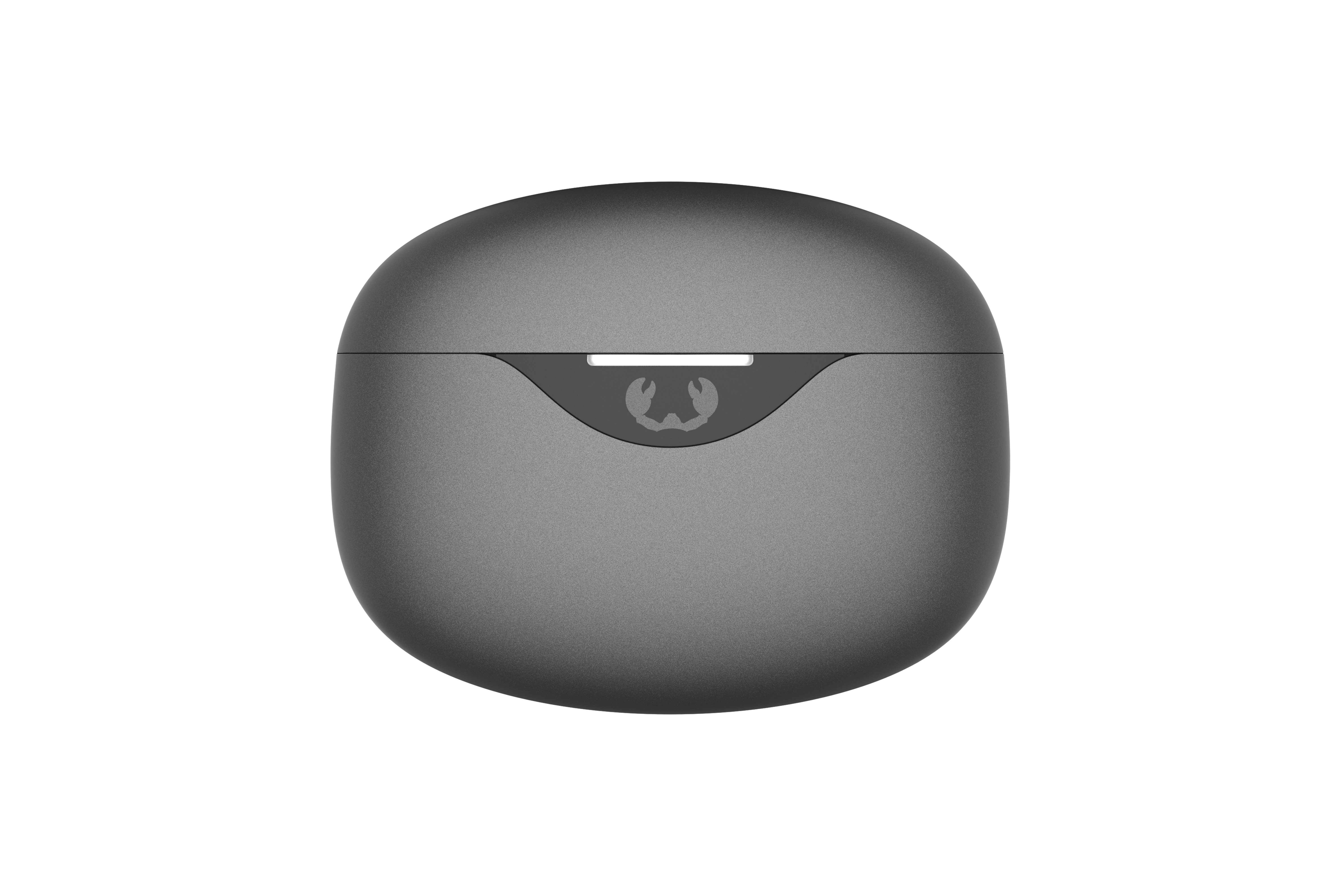 Gri kulaklık kutusu, oval şekil, üstte logo ile.