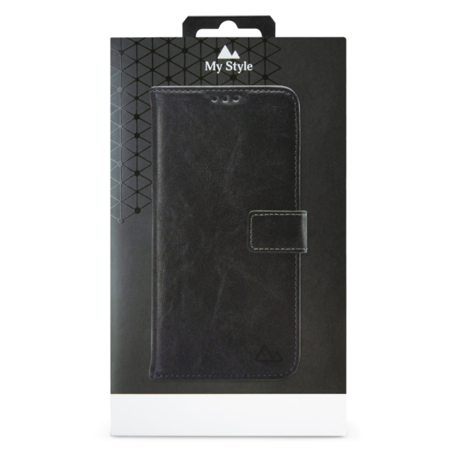 Étui de téléphone en cuir noir dans une boîte. L'étui a une fermeture magnétique.