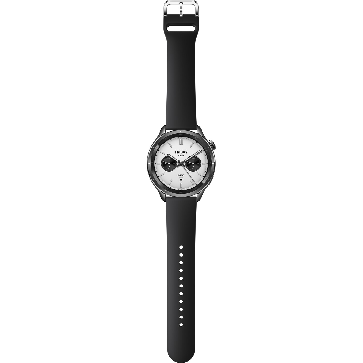 Black and silver smartwatch with a black strap, white face, and two dials.