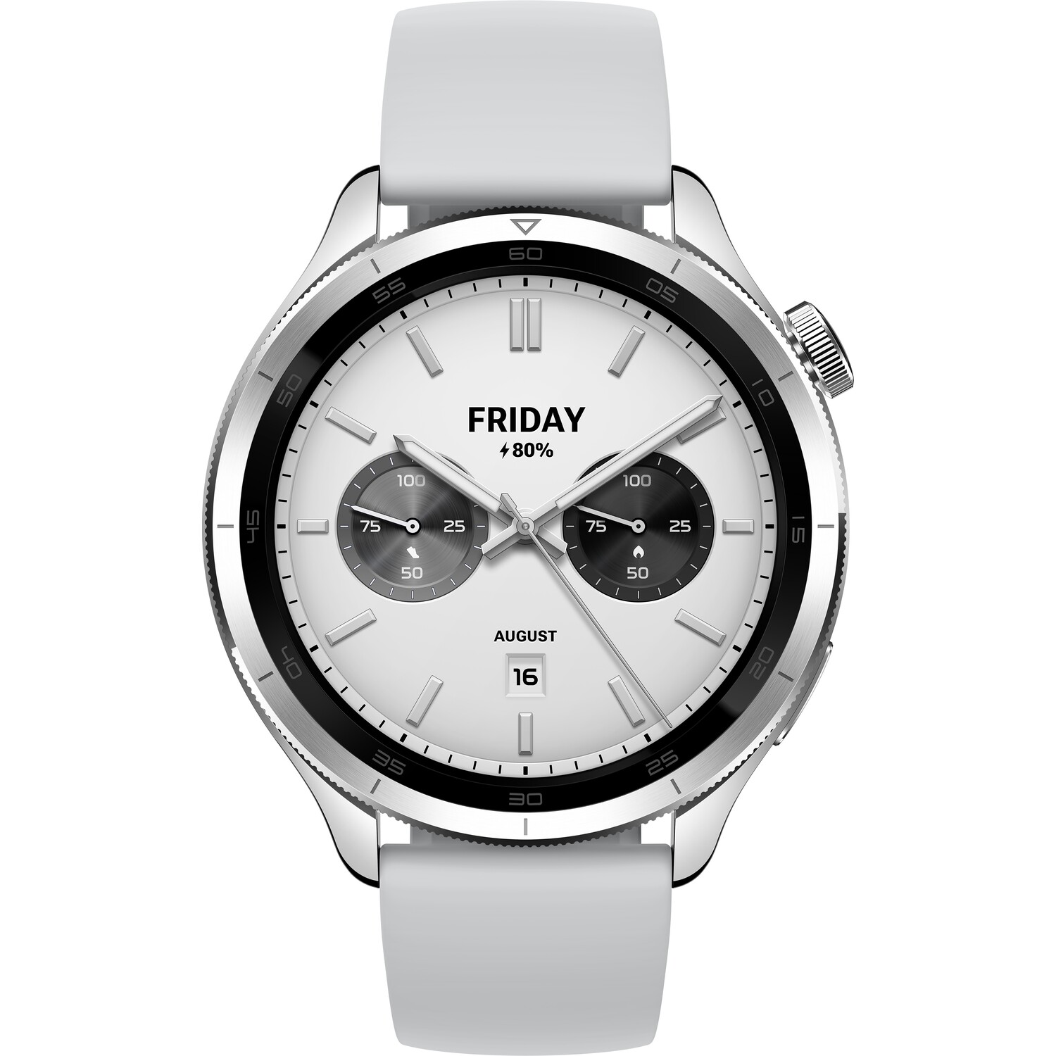 A silver smartwatch with a white watch face, showing time, date, and battery percentage.