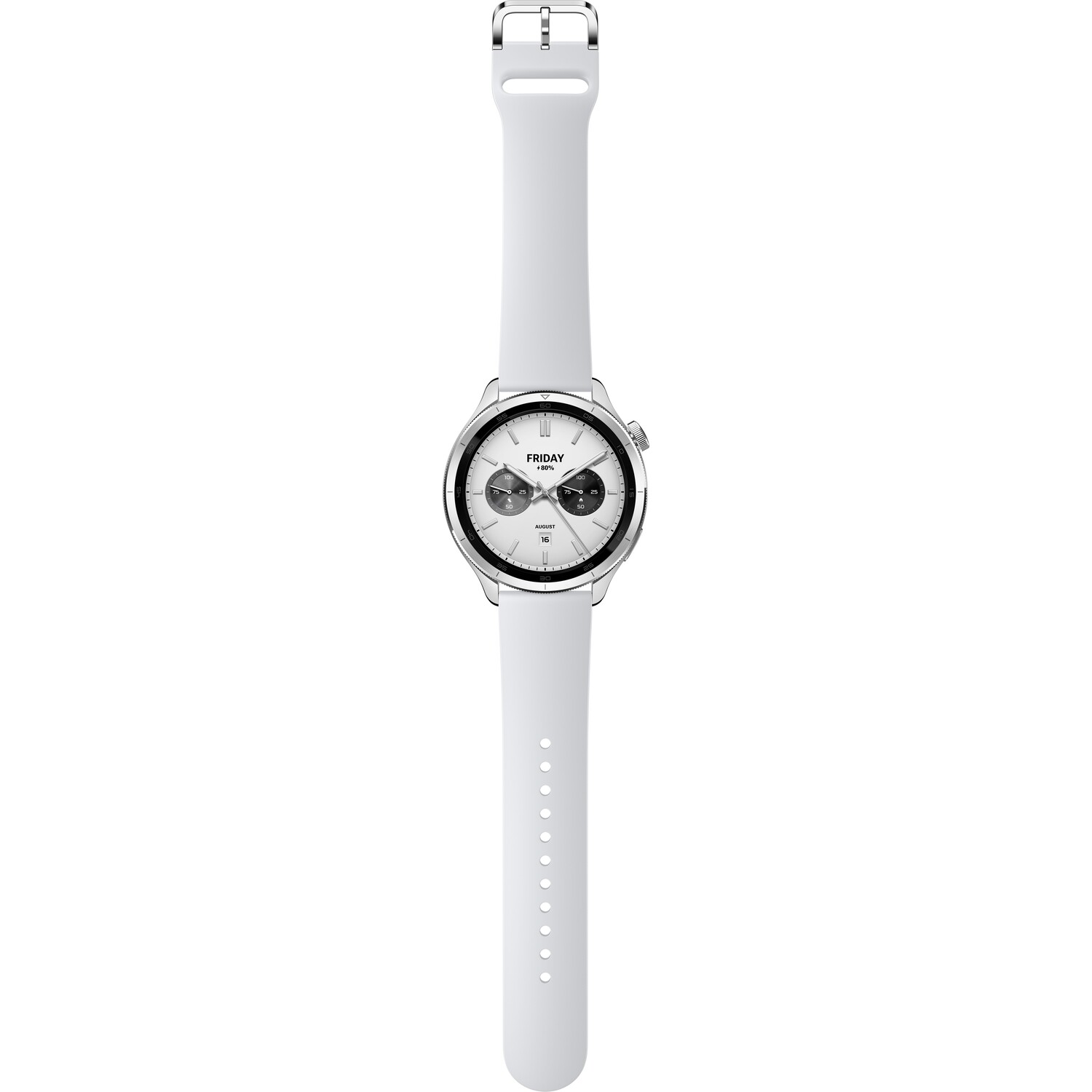 White smartwatch with white strap, silver bezel. Top-down view on white background.