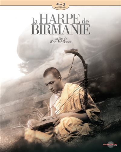 Filmposter van 'La Harpe de Birmanie' met een man die harp speelt.