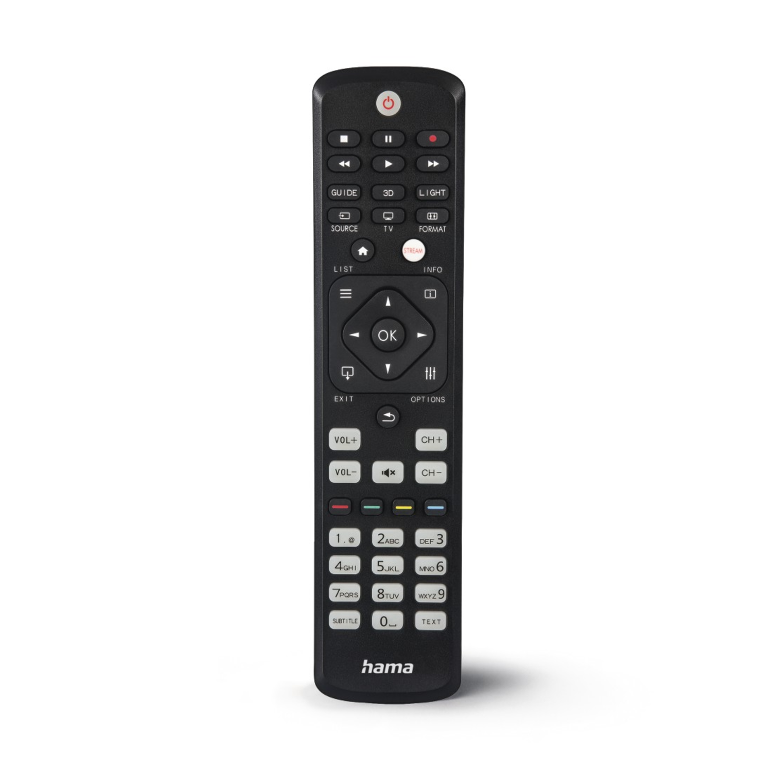 A black TV remote control with many buttons, angled slightly, with a white background.
