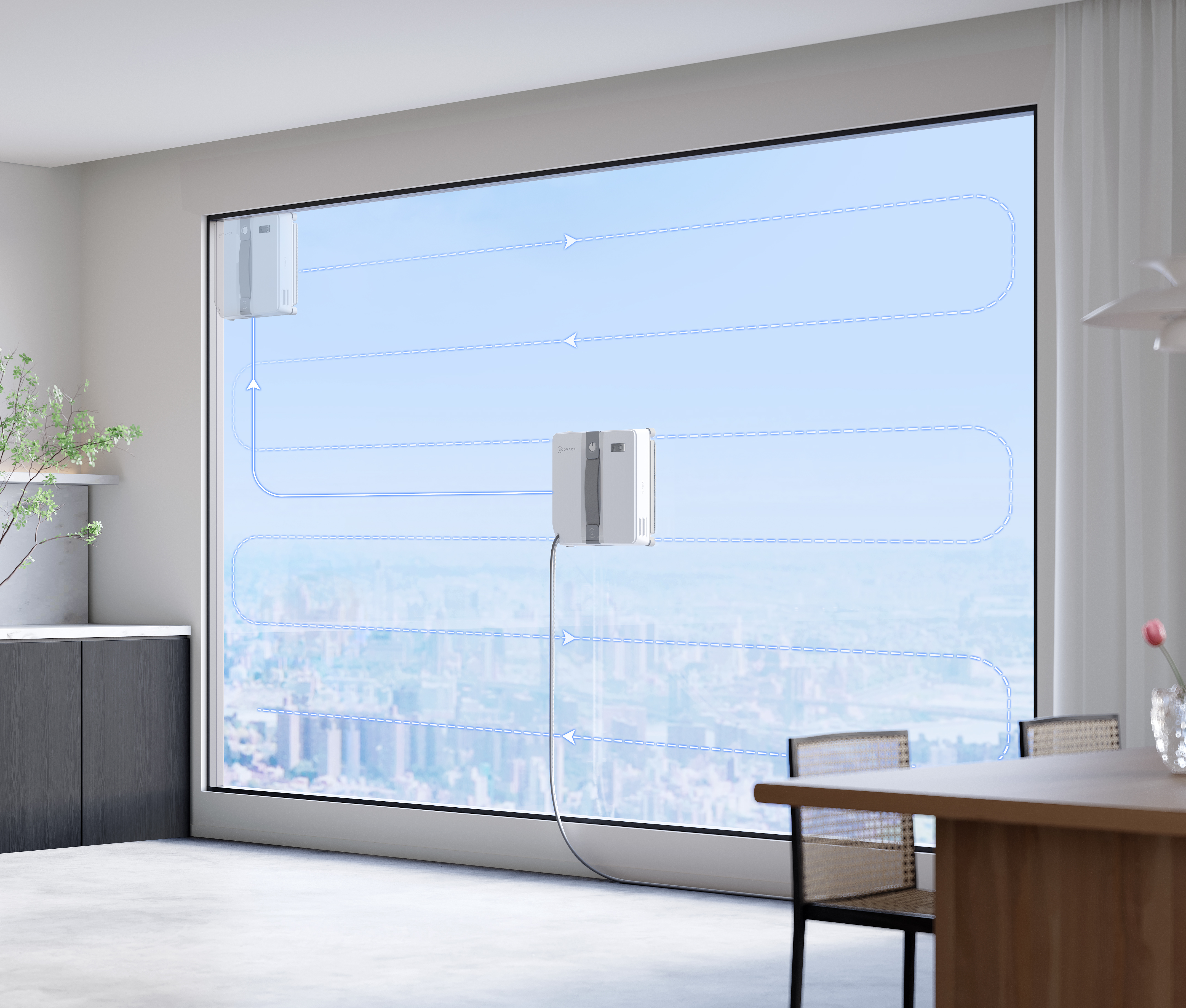 Fensterreinigungsroboter an einem Fenster. Der Roboter bewegt sich auf einem voreingestellten Pfad auf dem Glas.