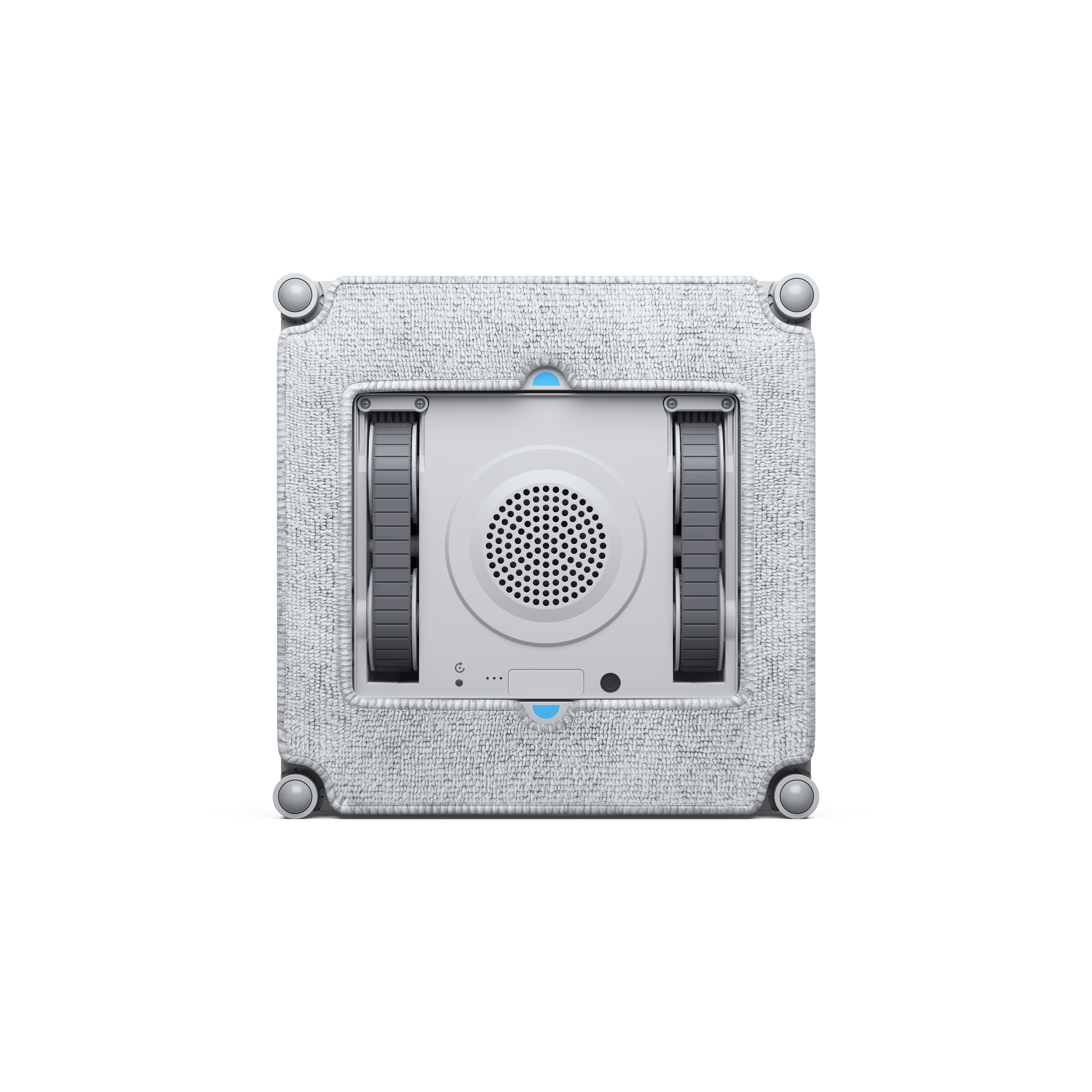 Ein weißer Fensterputzroboter. Der Roboter ist quadratisch und hat zwei Räder.