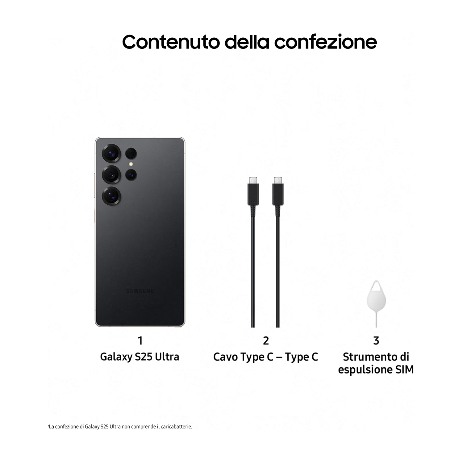Il contenuto della confezione di un Samsung Galaxy S23 Ultra. Include telefono, due cavi e uno strumento di espulsione SIM.
