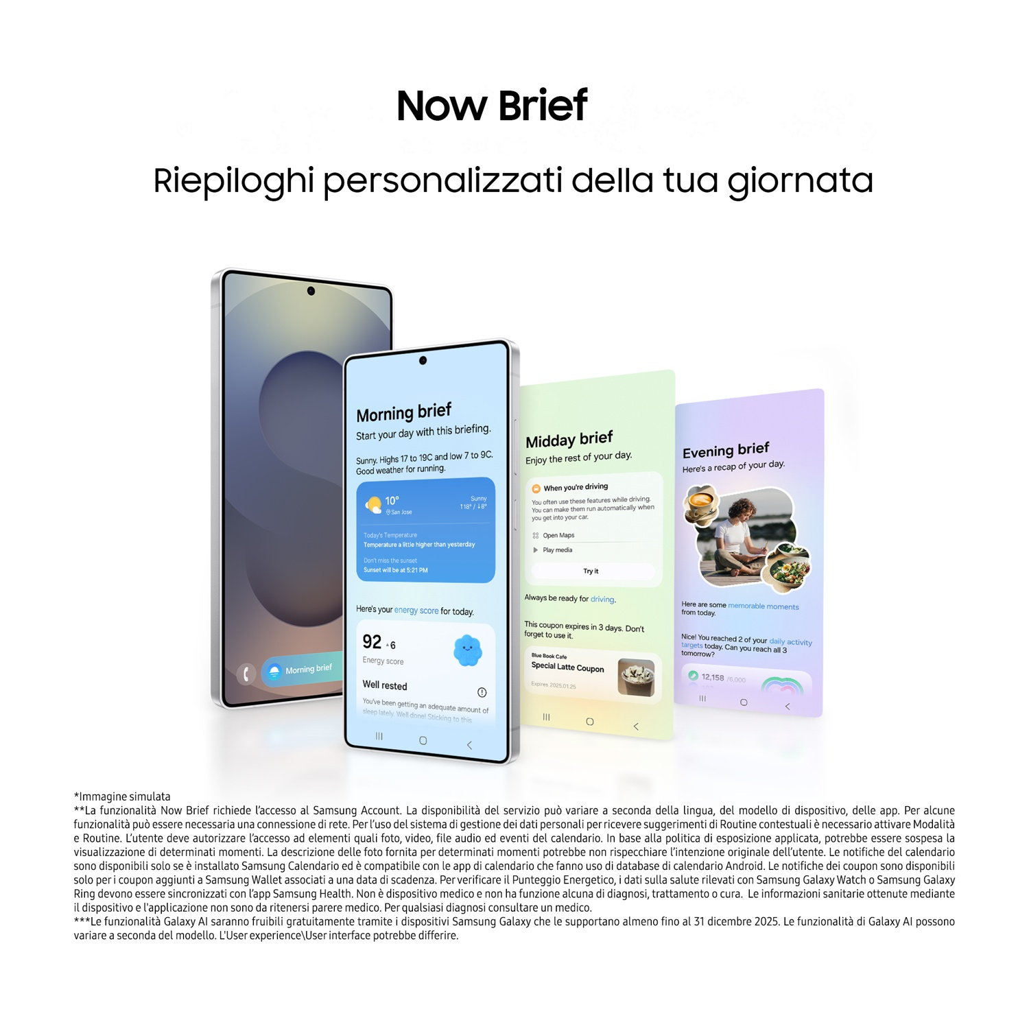 Un grafico promozionale con tre schermi di telefono, che mostrano briefing giornalieri con informazioni.