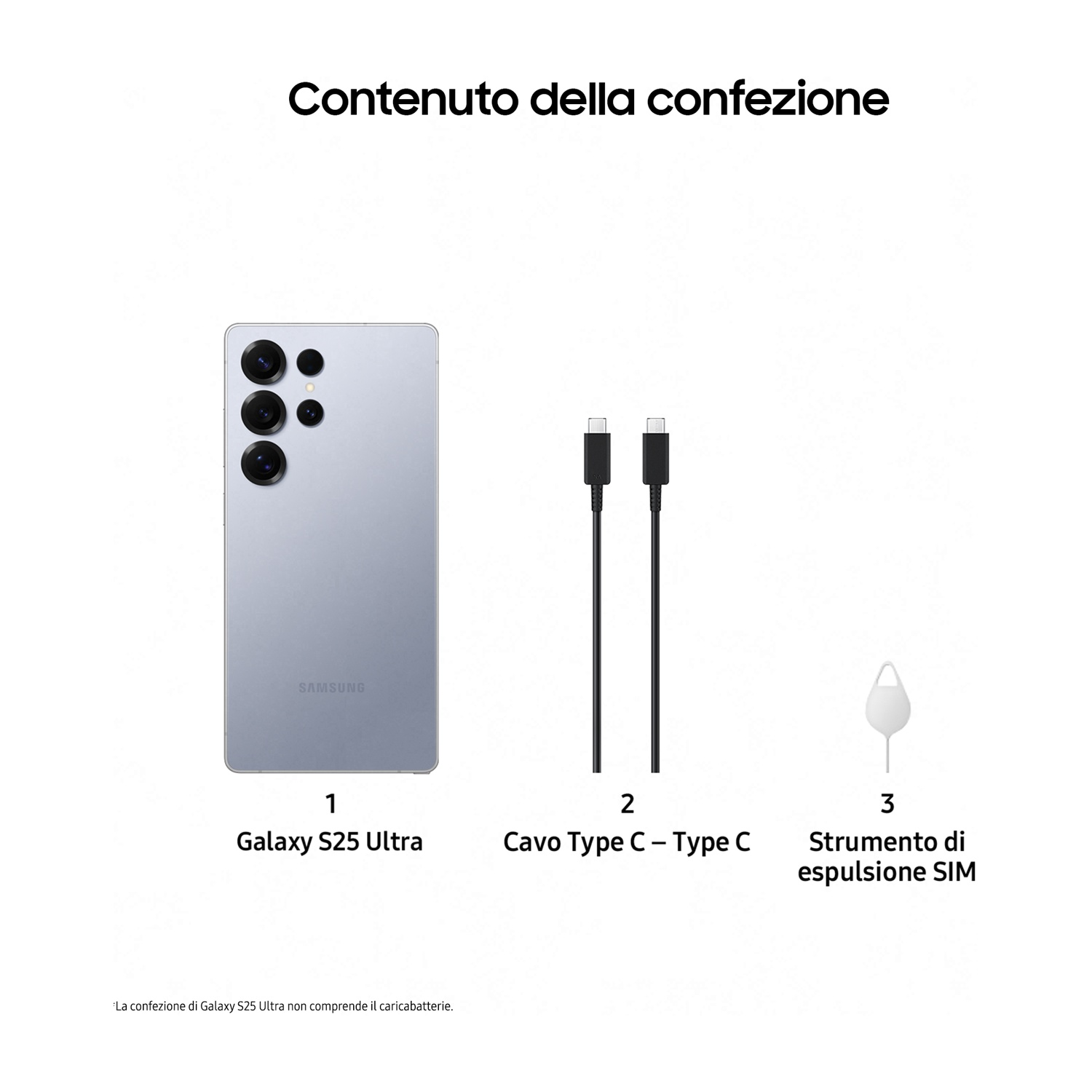 Un telefono argentato, due cavi e uno strumento di espulsione SIM sono mostrati su una superficie bianca.