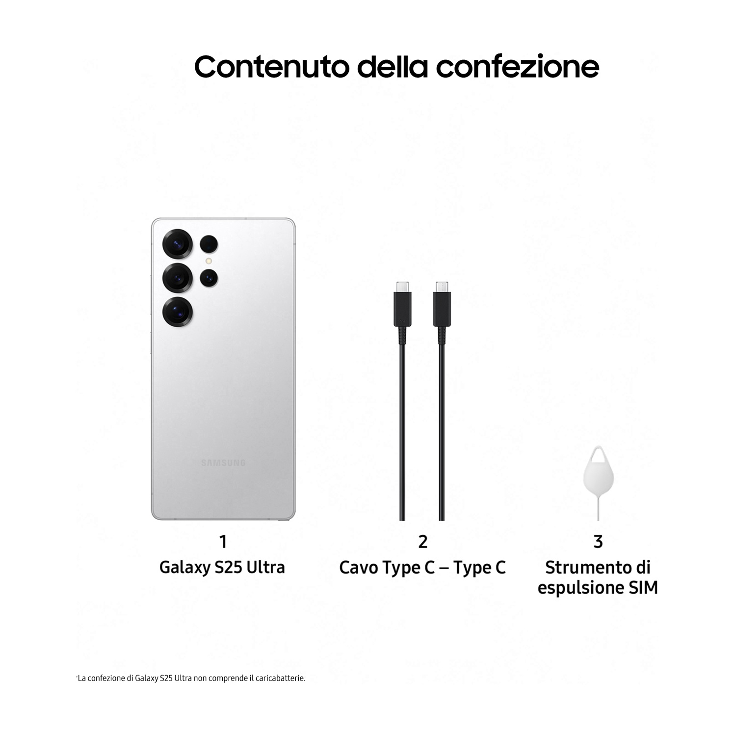 Samsung Galaxy S25 Ultra bianco, cavo e strumento di espulsione SIM.