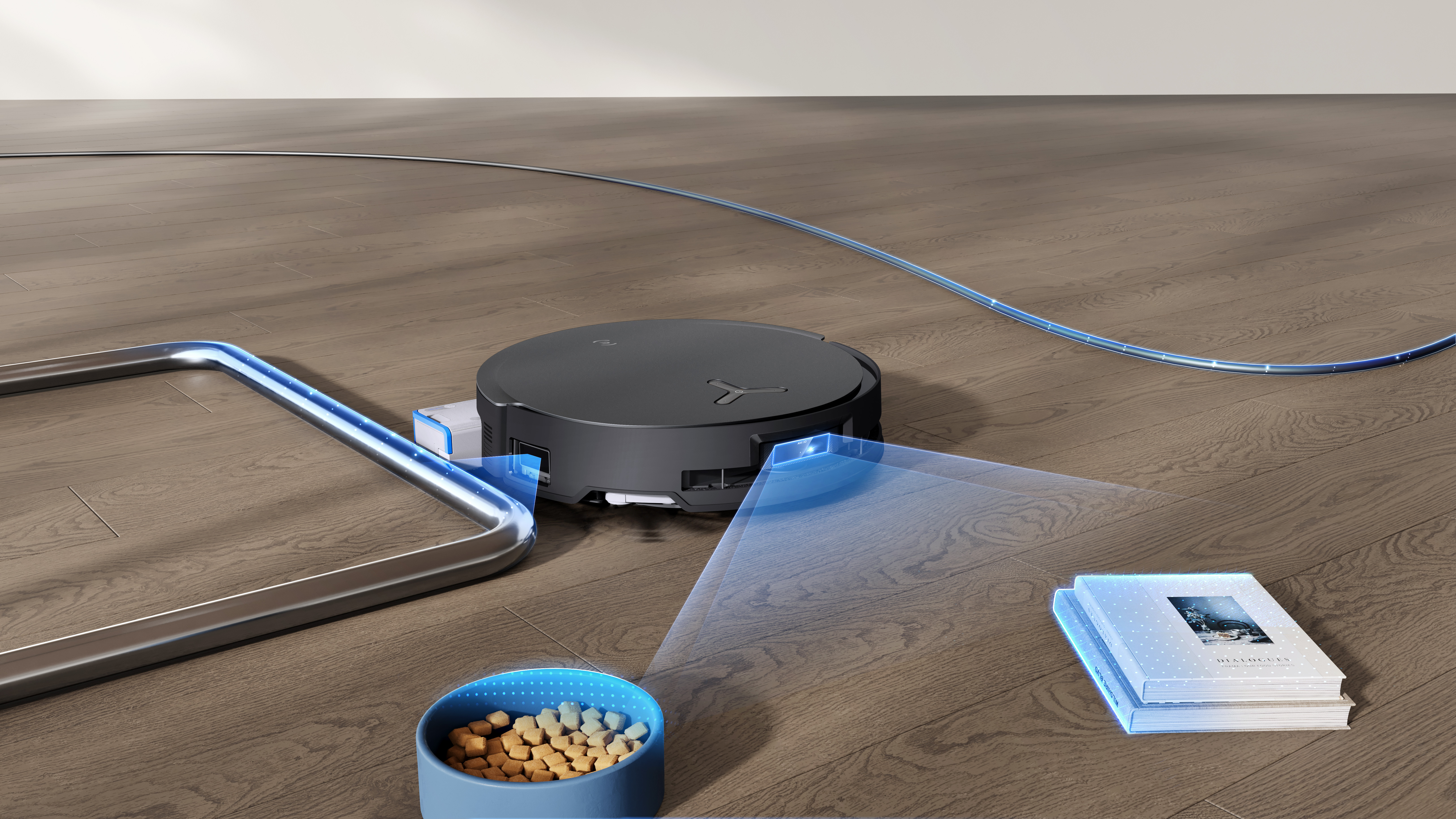 Roboterstaubsauger reinigt Holzboden, vermeidet Hindernisse.