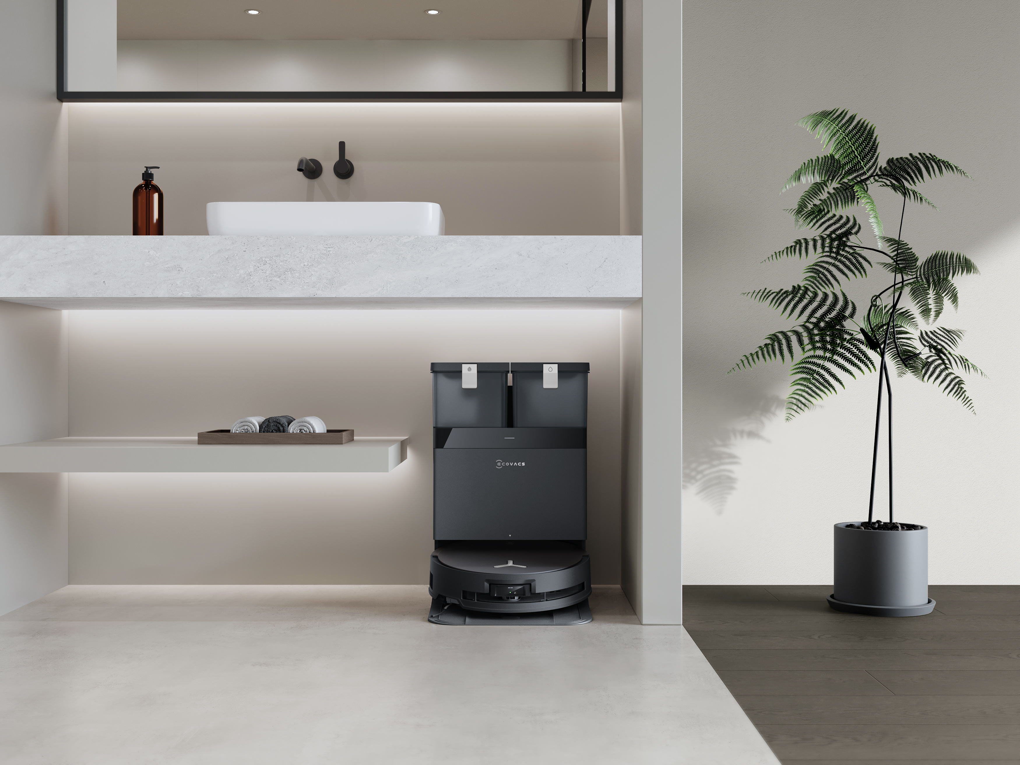 Modernes Badezimmer mit Roboter-Staubsauger in der Mitte. Weiß und grau.