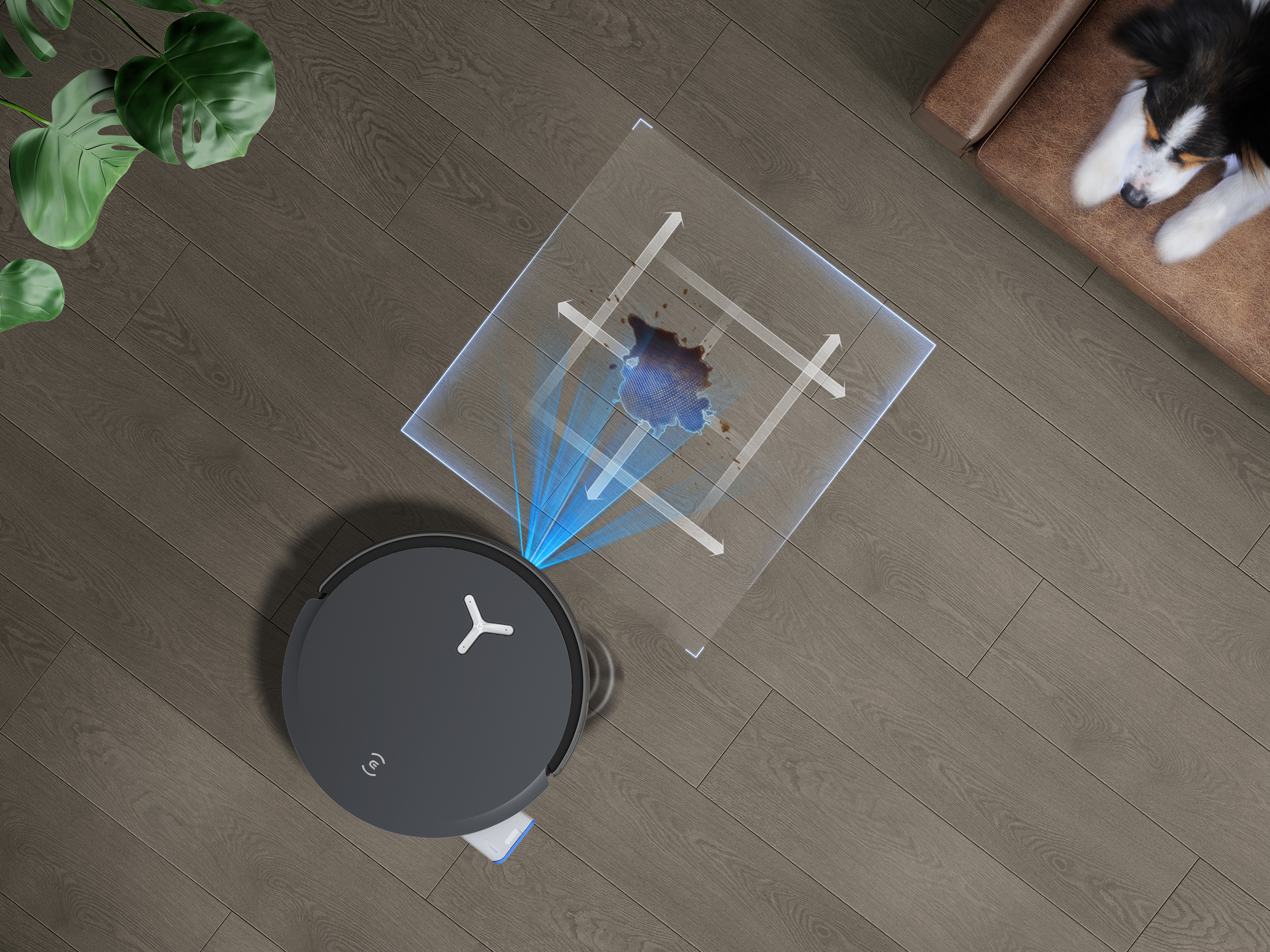 Ein Roboter-Staubsauger reinigt einen Fleck.